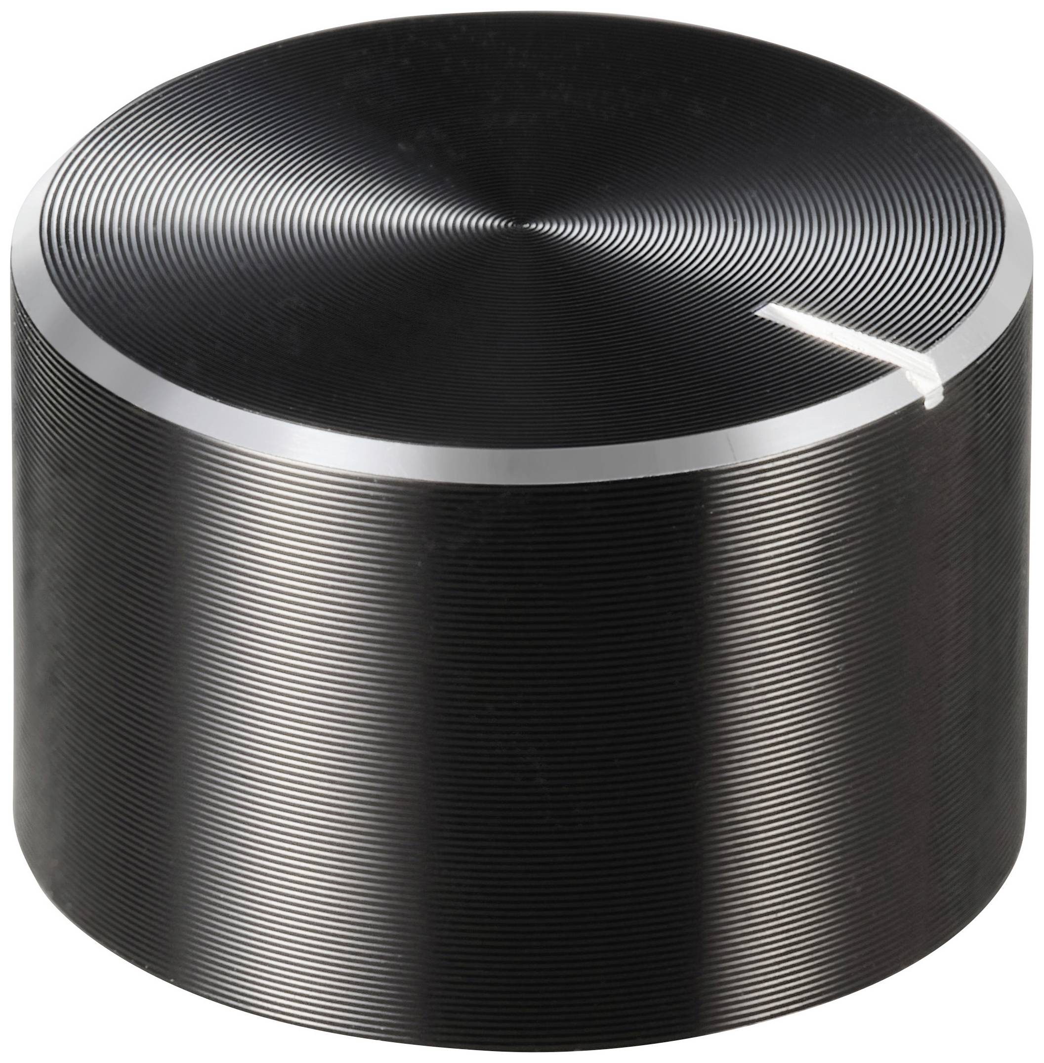 A gleaming, cylindrical volume control knob with a textured surface and a small white indicator stripe.