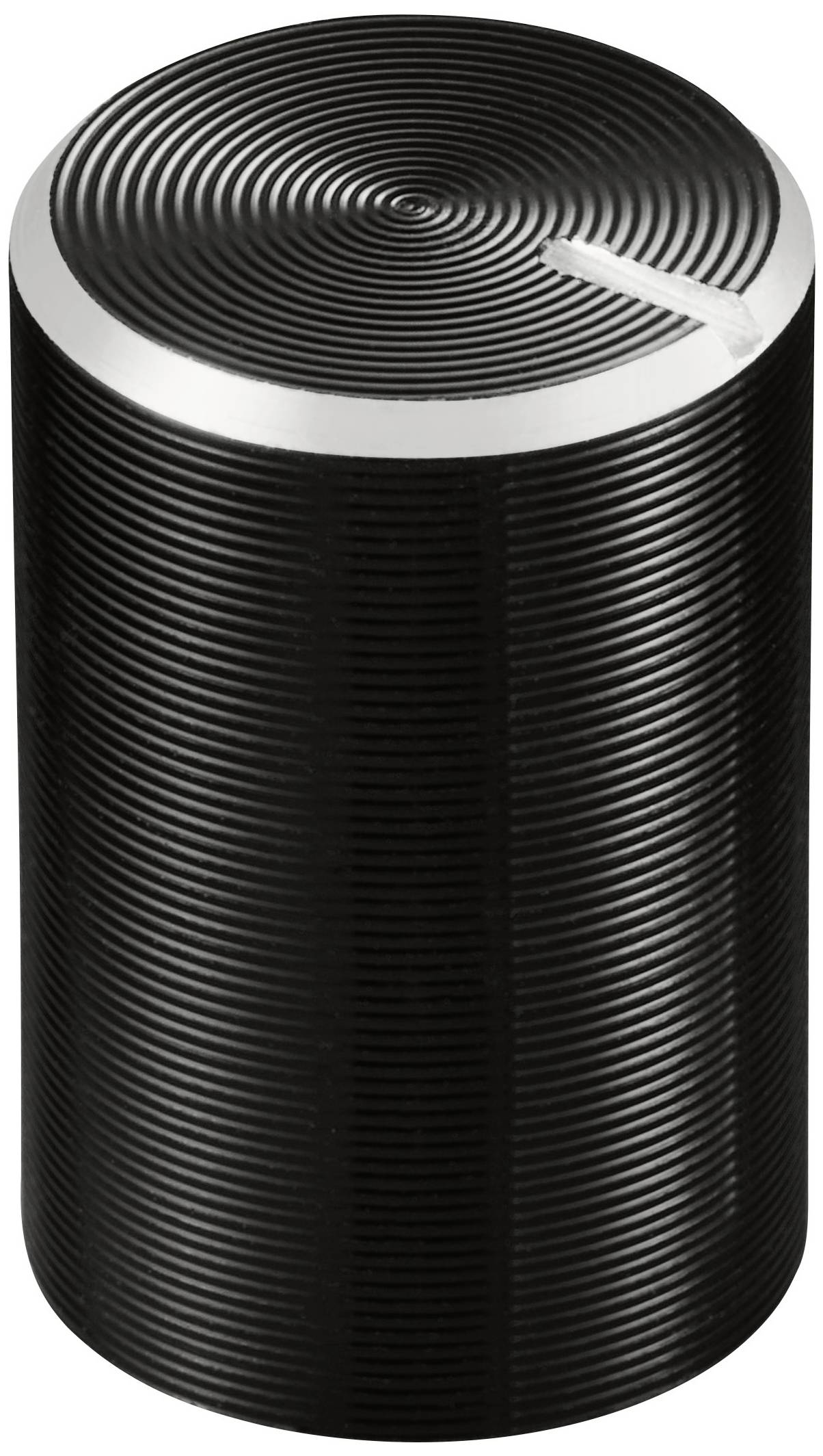 Black, cylindrical button with a ribbed surface, white marker, and circular pattern on the top surface.