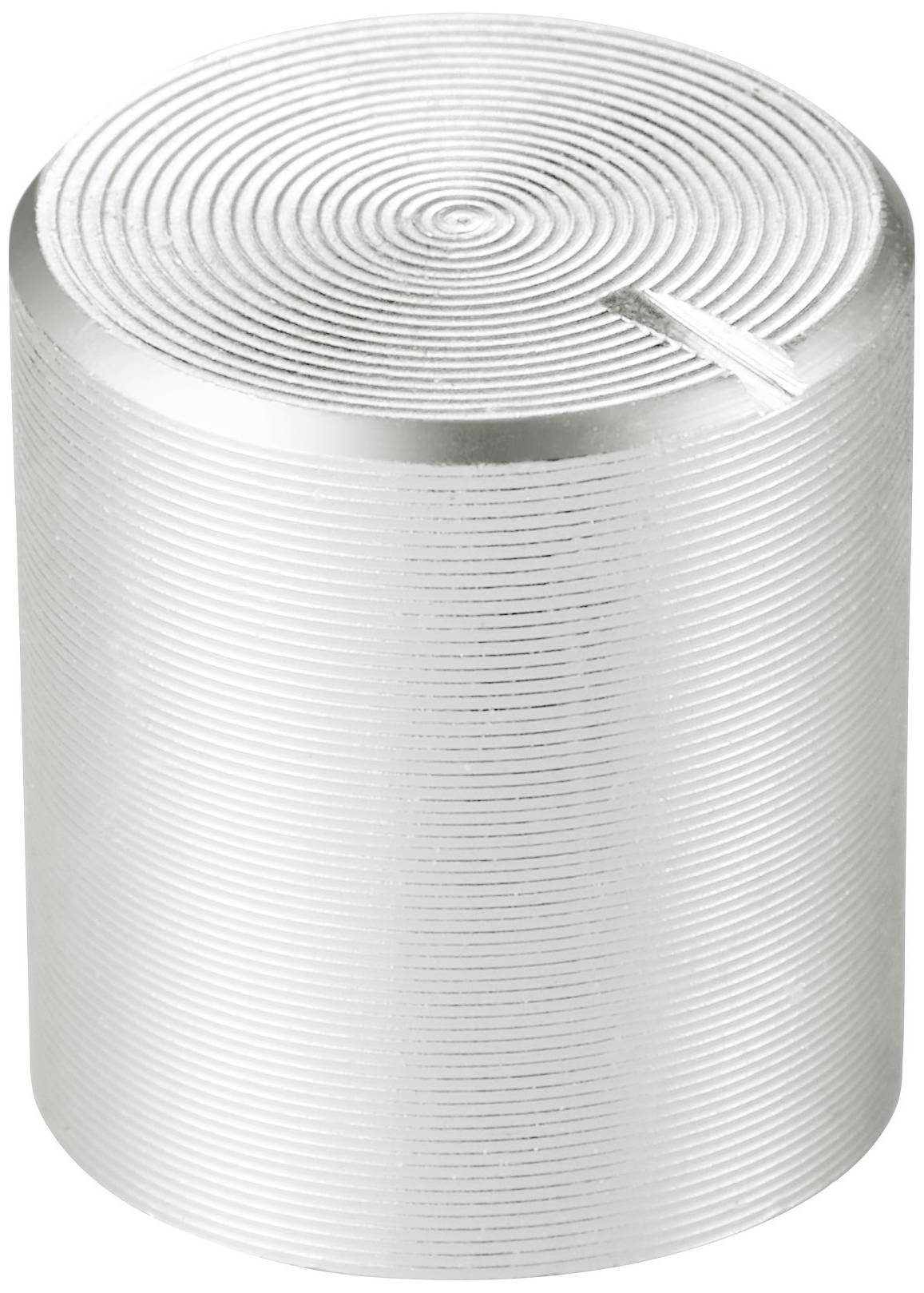A cylindrical aluminium block with a ribbed surface and a groove at the top.
