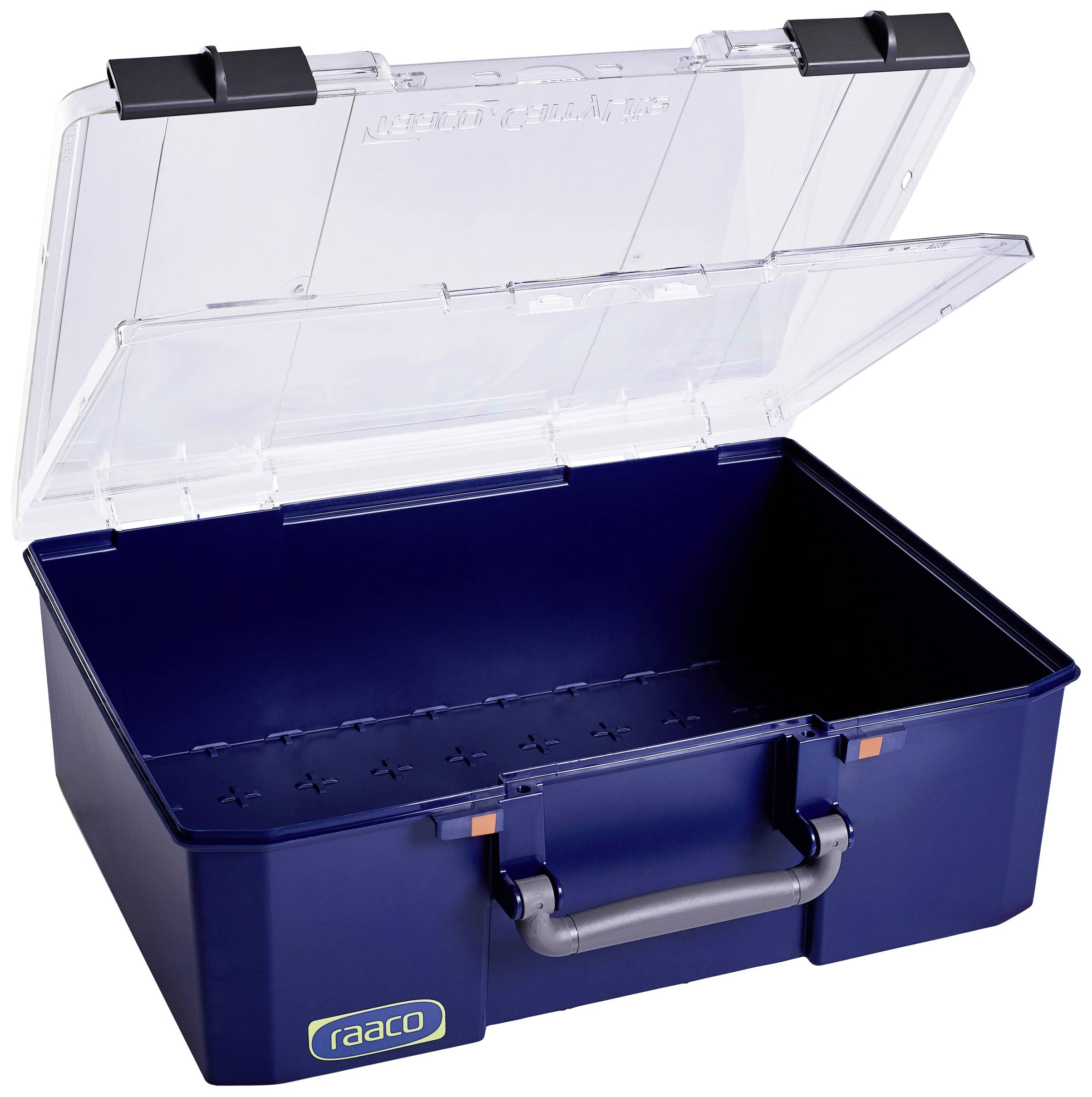 A blue toolbox with a transparent lid, partially open, reveals an empty interior. Handle at the front and 'raaco' logo in the bottom left.