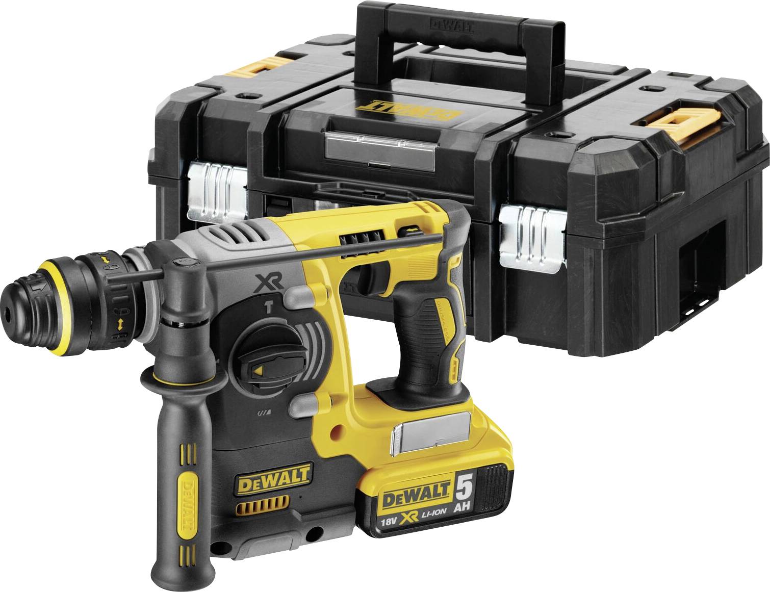 DeWalt Cordless Hammer Drill with Accessory Case, yellow-black, equipped with 5 Ah Lithium-Ion battery, suitable for construction and DIY work.