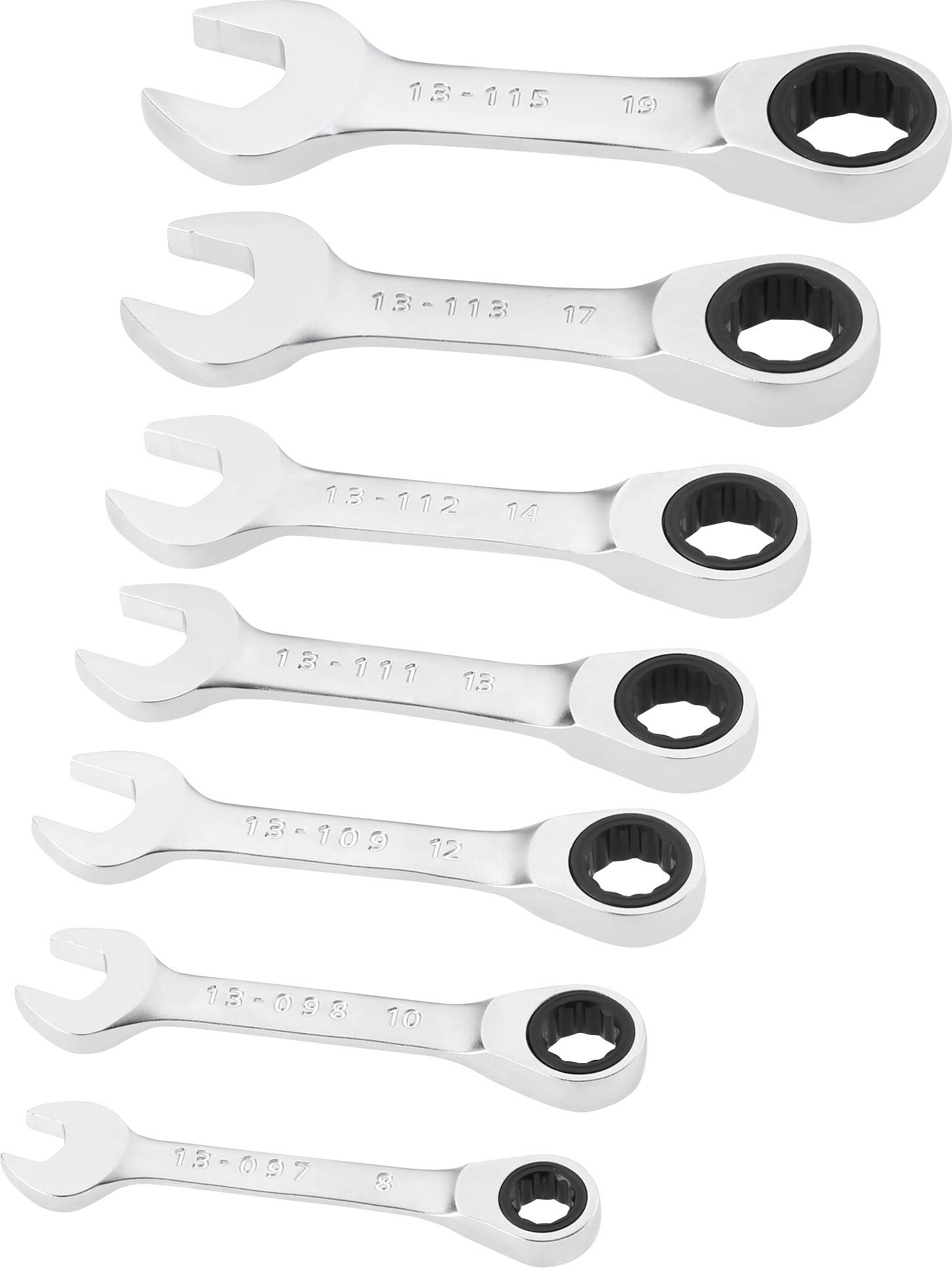 Seven silver ratchet spanners in various sizes are laid out in a row. Each spanner clearly shows its size in millimetres.