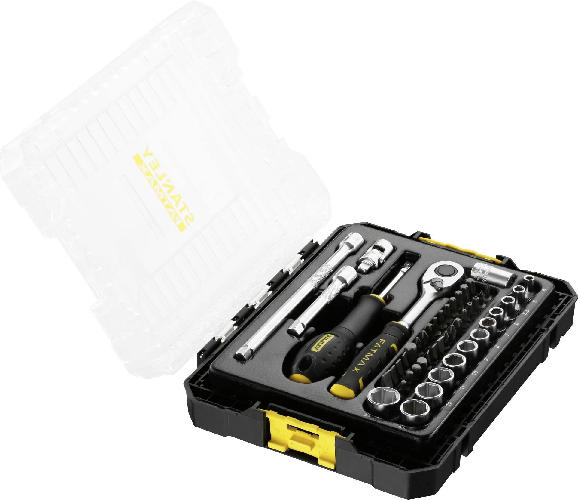 'Stanley' tool case with ratchet spanner, screwdrivers and socket spanners in various sizes.