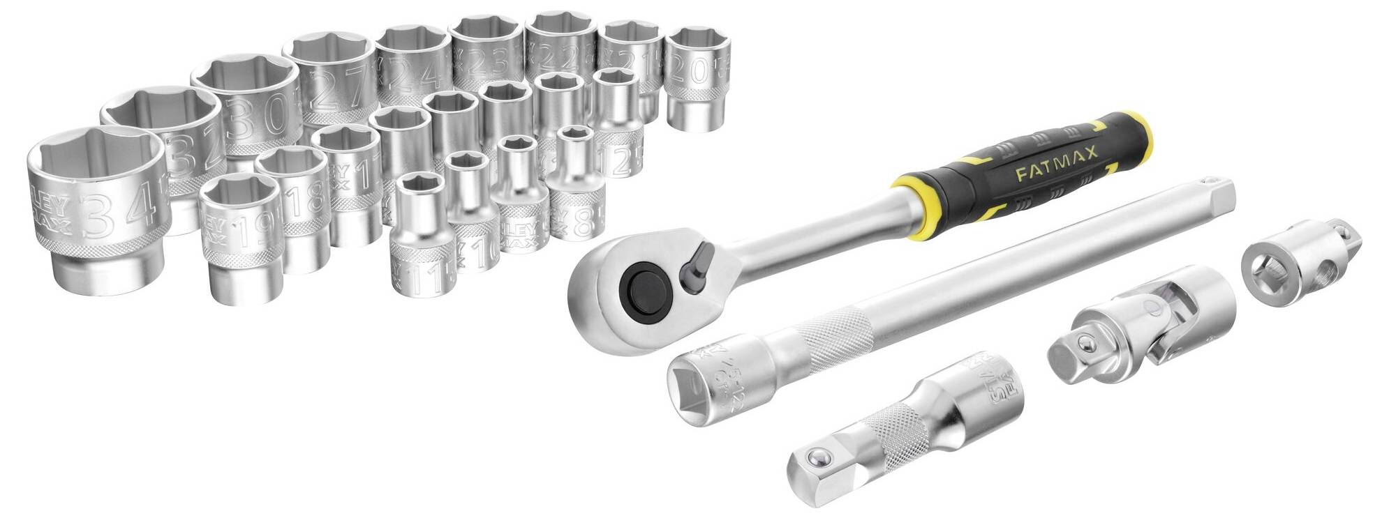 A socket wrench set with ratchet and metal extensions, suitable for various screw sizes. Tool for mechanical work.