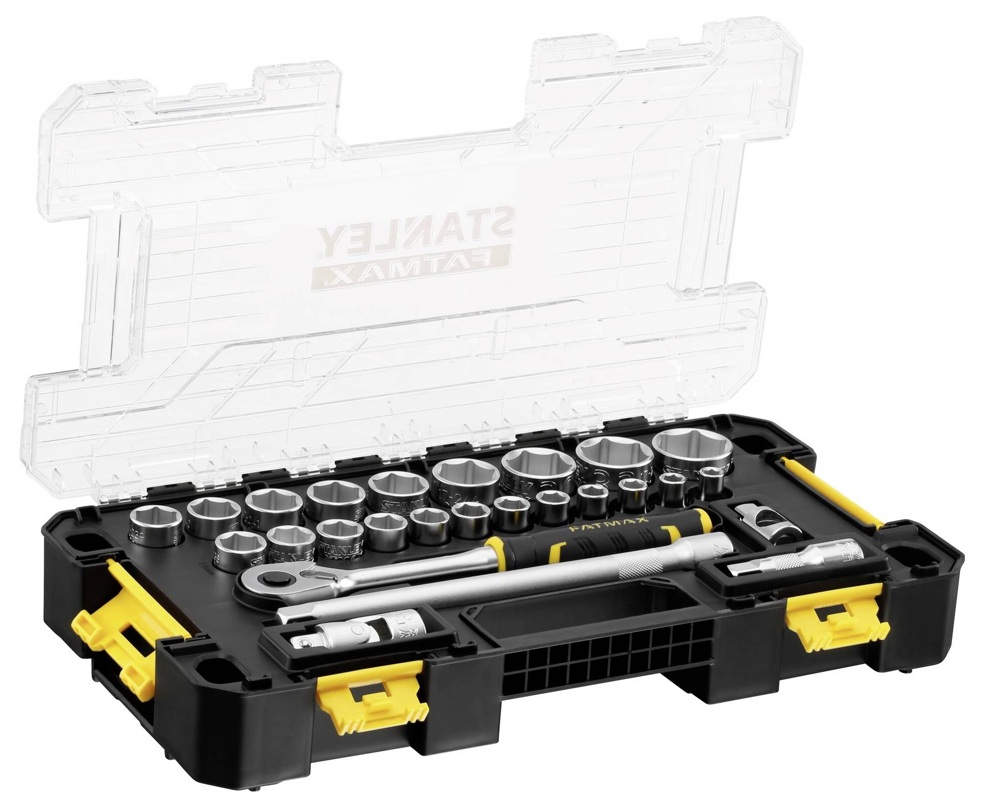 A ratchet set with various socket sizes and extensions in a black case with yellow locks.