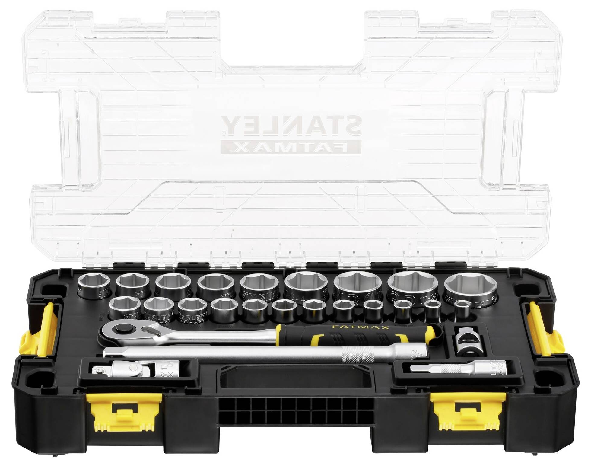 A Stanley Fatmax tool kit with socket wrenches, ratchet and extensions, neatly arranged in a black case with a transparent lid.