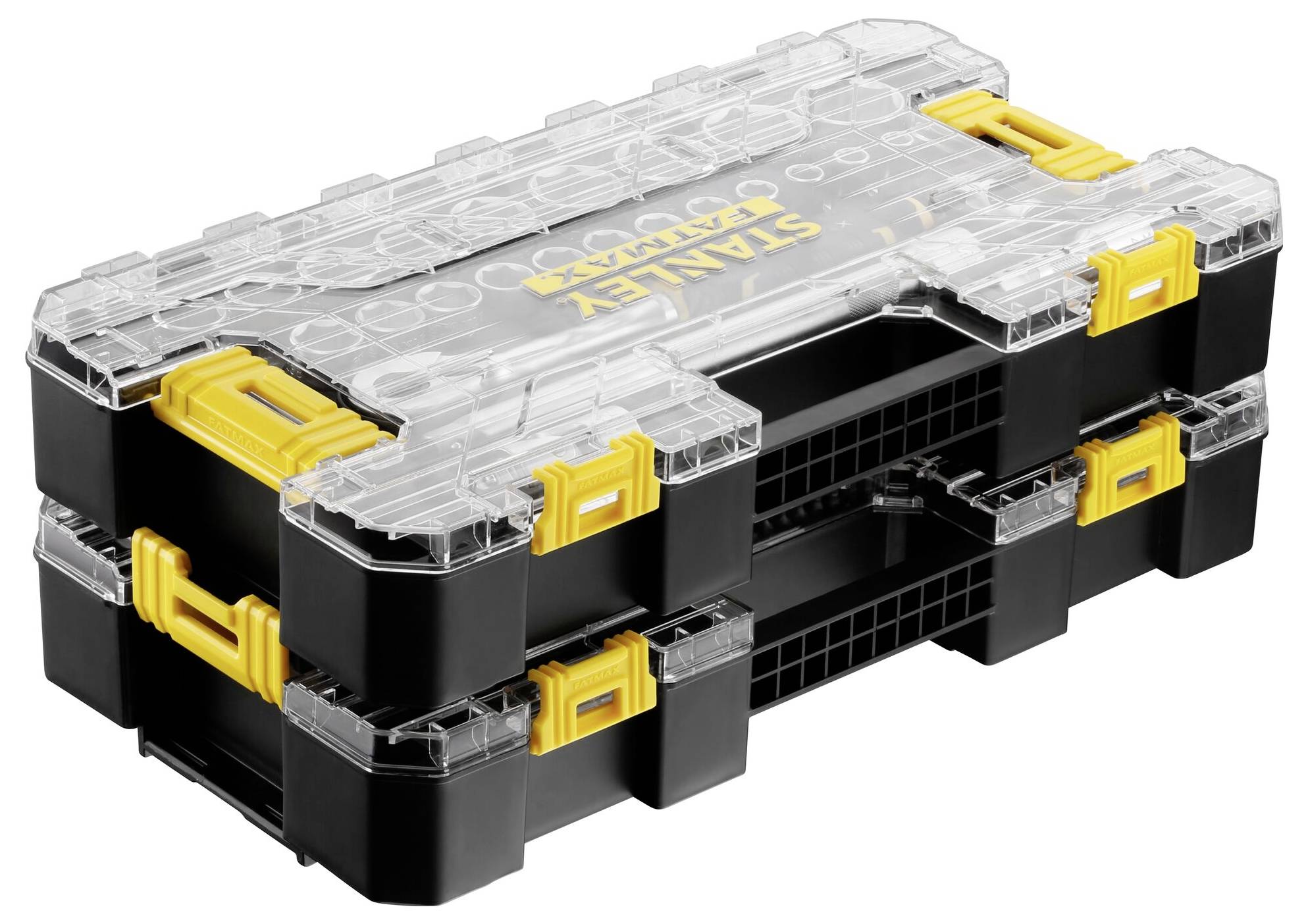 Black tool box with yellow locks and a transparent lid, stacked in two levels. Brand name visible on top.