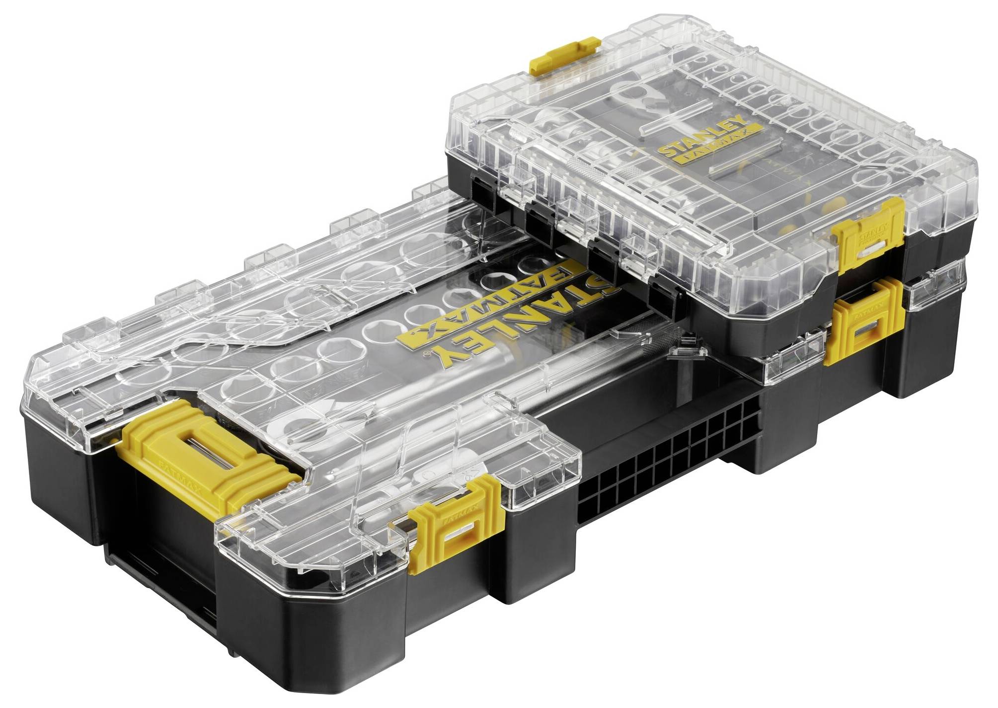 Transport box with a transparent lid and yellow fasteners, stackable, ideal for storing tools or small parts.