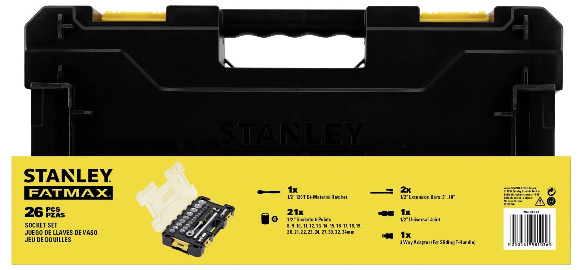 Stanley Fatmax Tool Box with 26-piece Socket Set, containing various sockets and ratchet, with yellow packaging at the front.