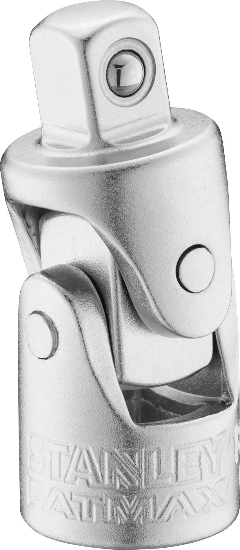 Metallic joint adapter, engraved with 'STANLEY FATMAX', enables flexible connection or angling of tools.