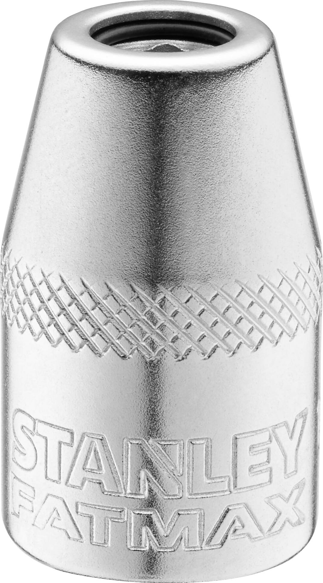 Silver-coloured marking chalk capsule with 'STANLEY FATMAX' inscription, tapered in shape with a roughened surface in the upper section.