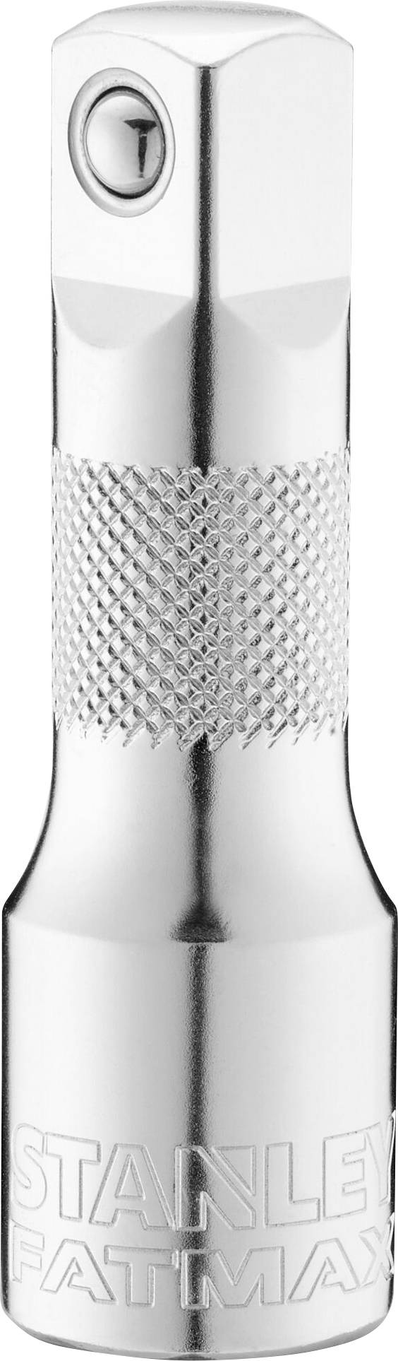 A gleaming metal adapter with 'STANLEY FATMAX' printed on it, featuring a knurled grip and a square loop at the top, likely intended for tools.