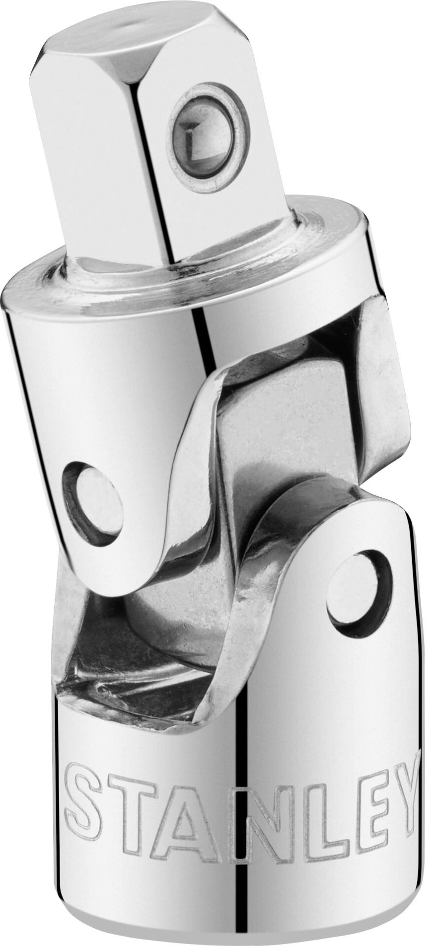 A chrome-plated universal joint adapter with the 'STANLEY' brand mark on the lower edge. Connects tools in confined spaces.