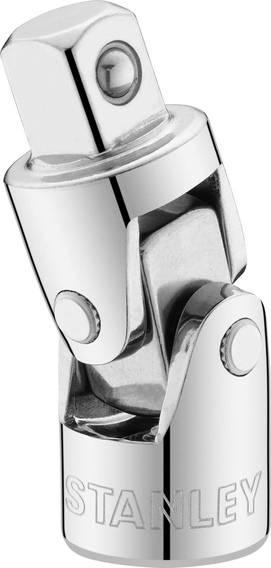 Universal joint metal socket adapter with engraved 'STANLEY' logo. Used to enable angle torque transmission.