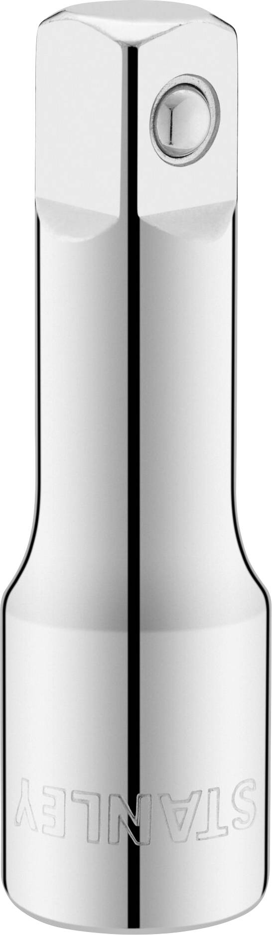 Chrome-plated socket extension bar, marked with 'STANLEY', in portrait orientation. Standardised end for tool attachment.