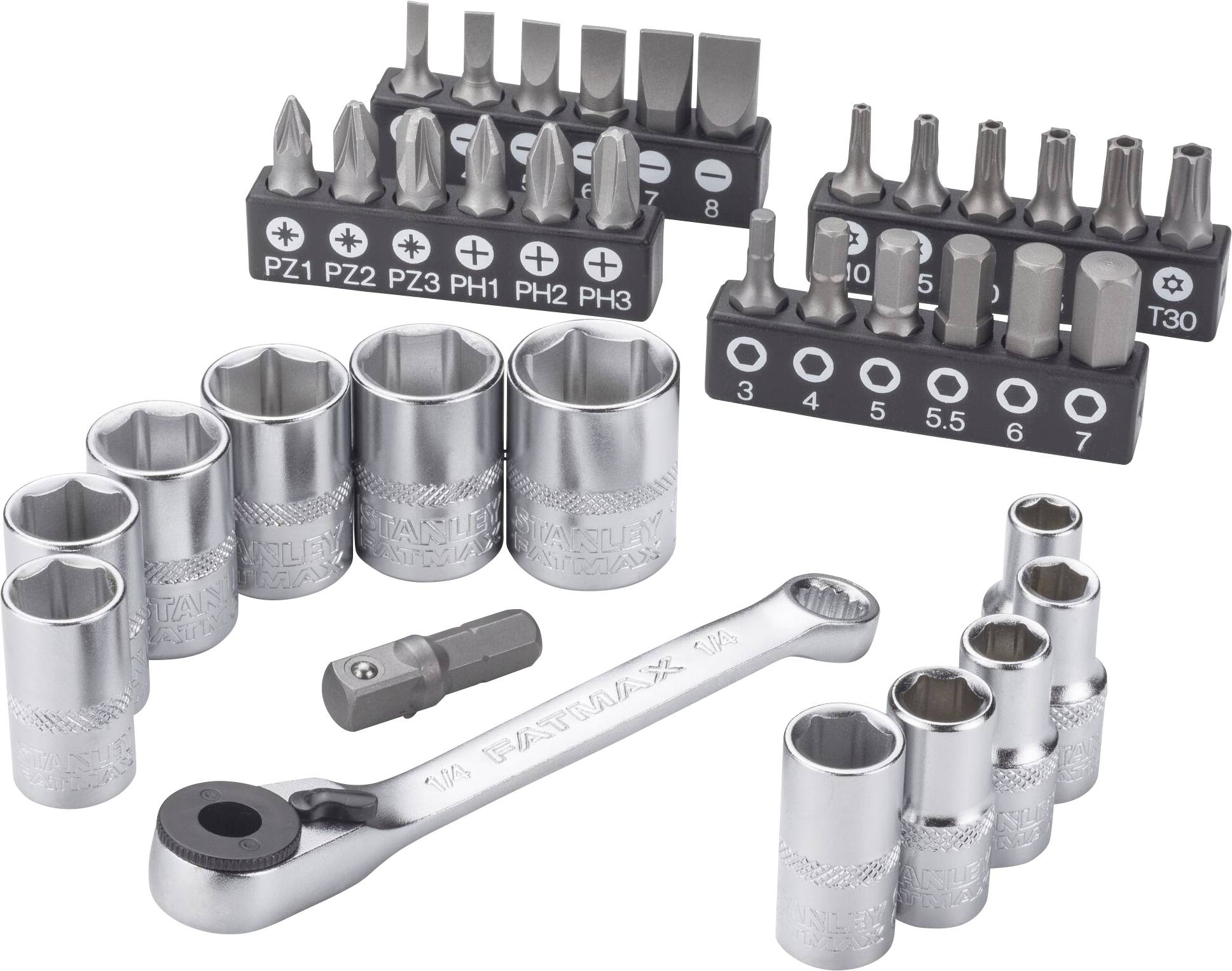 A socket set with various attachments, including hexagonal and cross-head bits, along with a ratchet spanner.