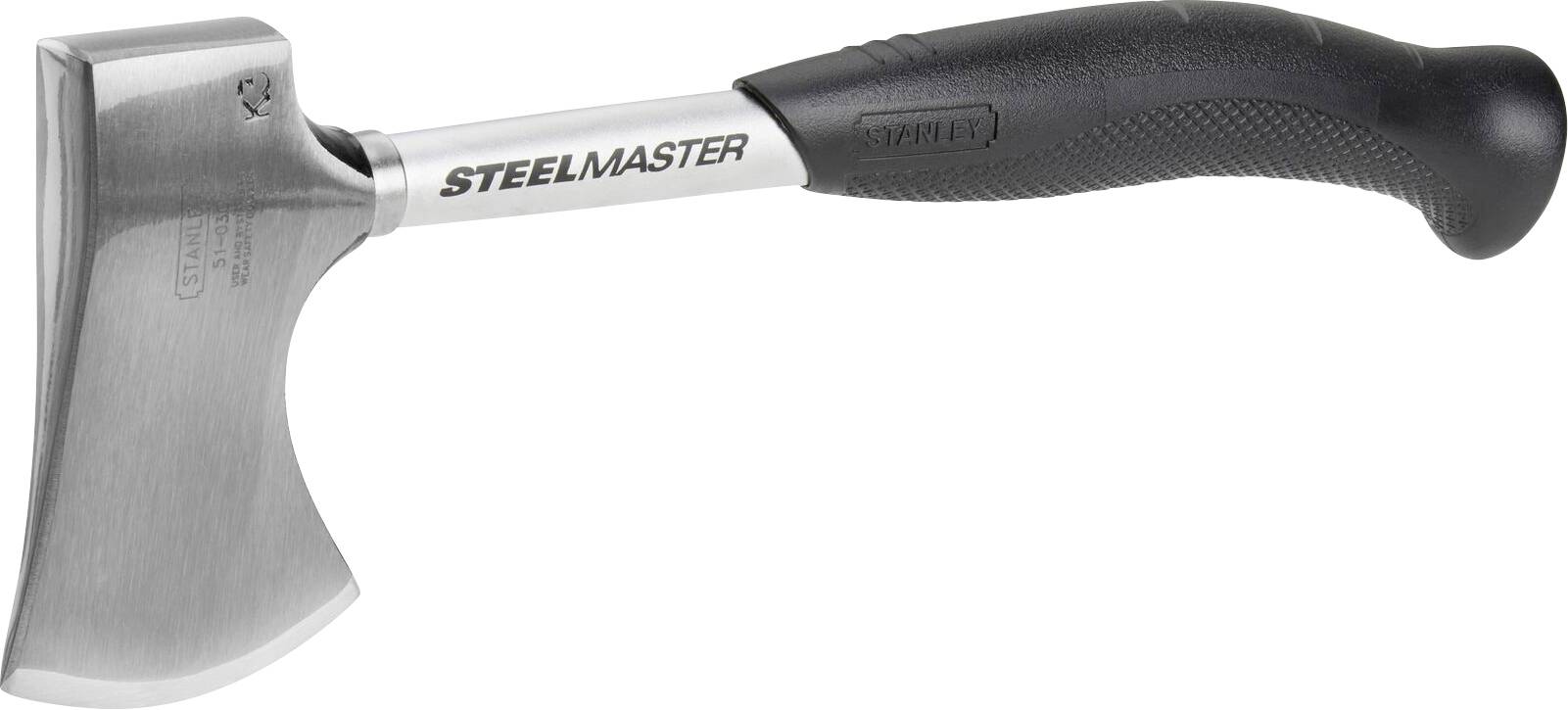 A small, grey axe with a black plastic handle. On the silver blade, 'STEELMASTER' is written. Suitable for precise chopping.