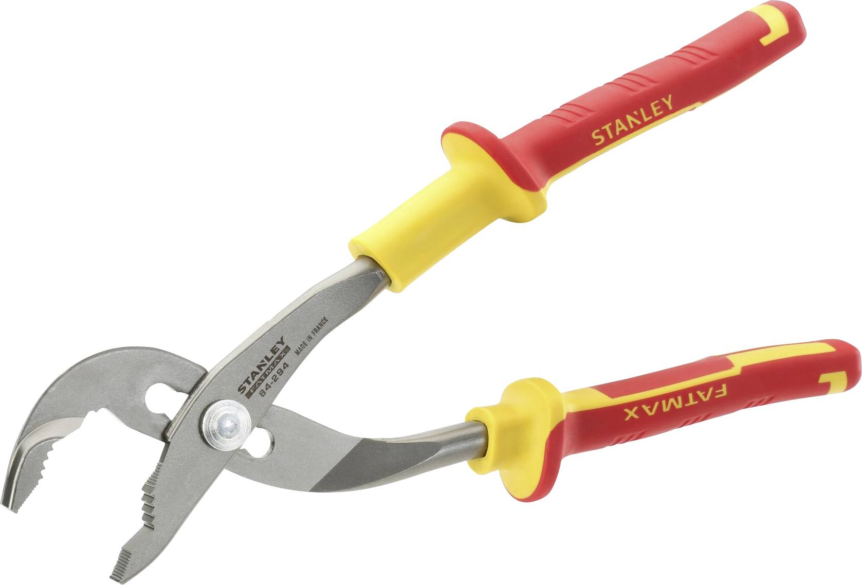 Pliers with a red and yellow handle, 'STANLEY' brand name visible. Used for gripping and holding objects.