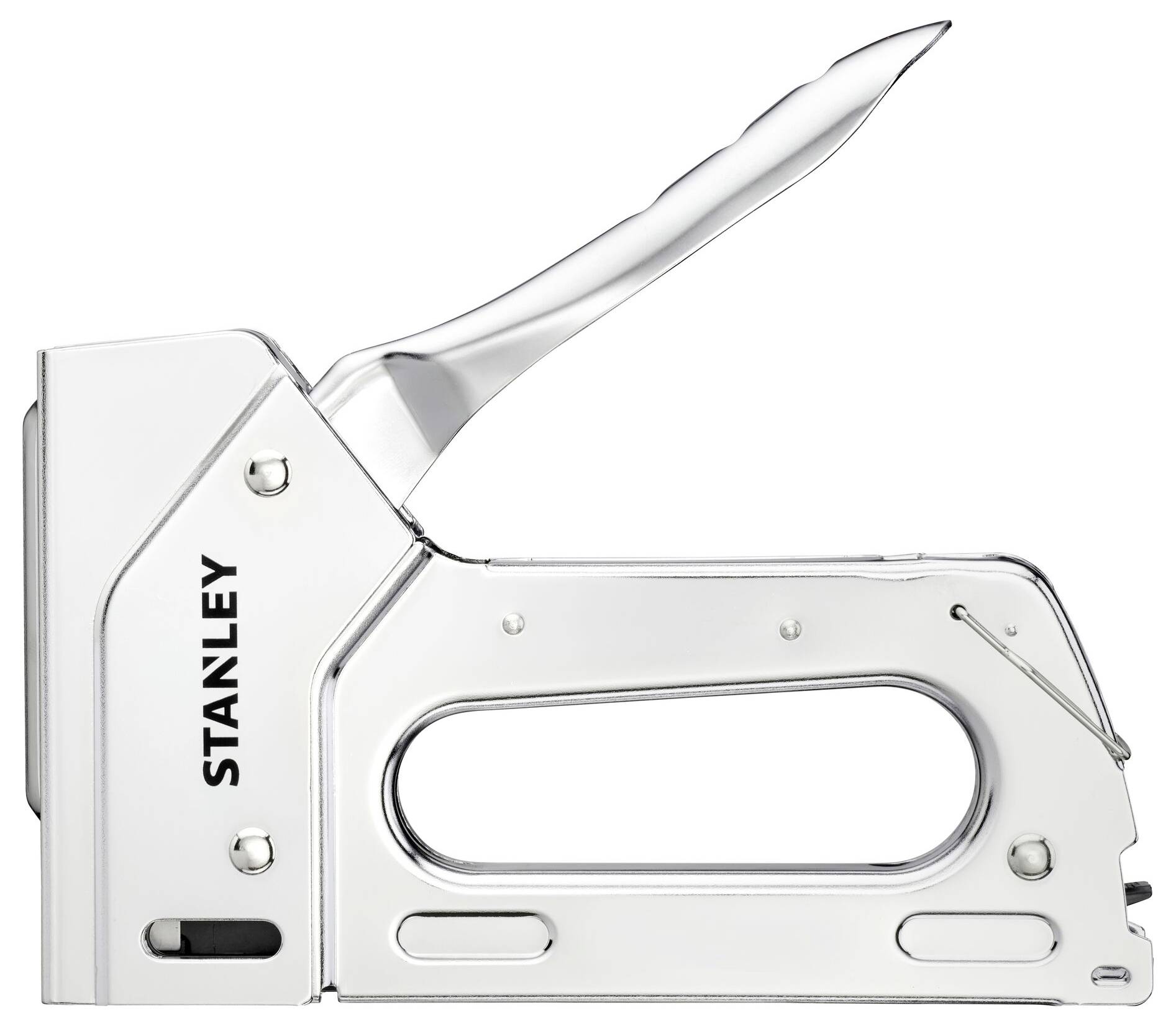 A silver mechanical staple gun with a handle and 'Stanley' inscription, suitable for fastening materials.