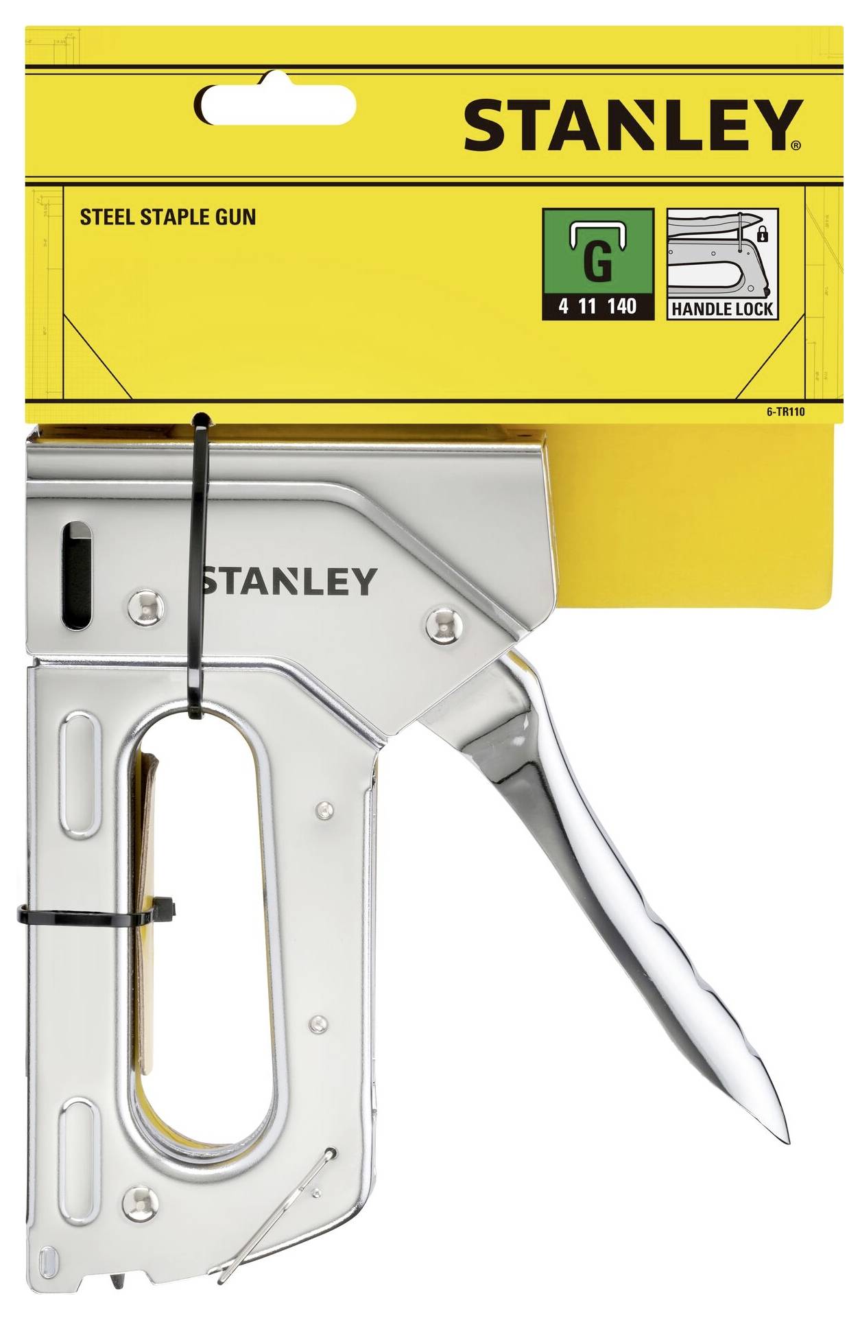 'Stanley' stapler in silver and black with yellow packaging. Contains text 'Steel Staple Gun' and symbol for staple clips.
