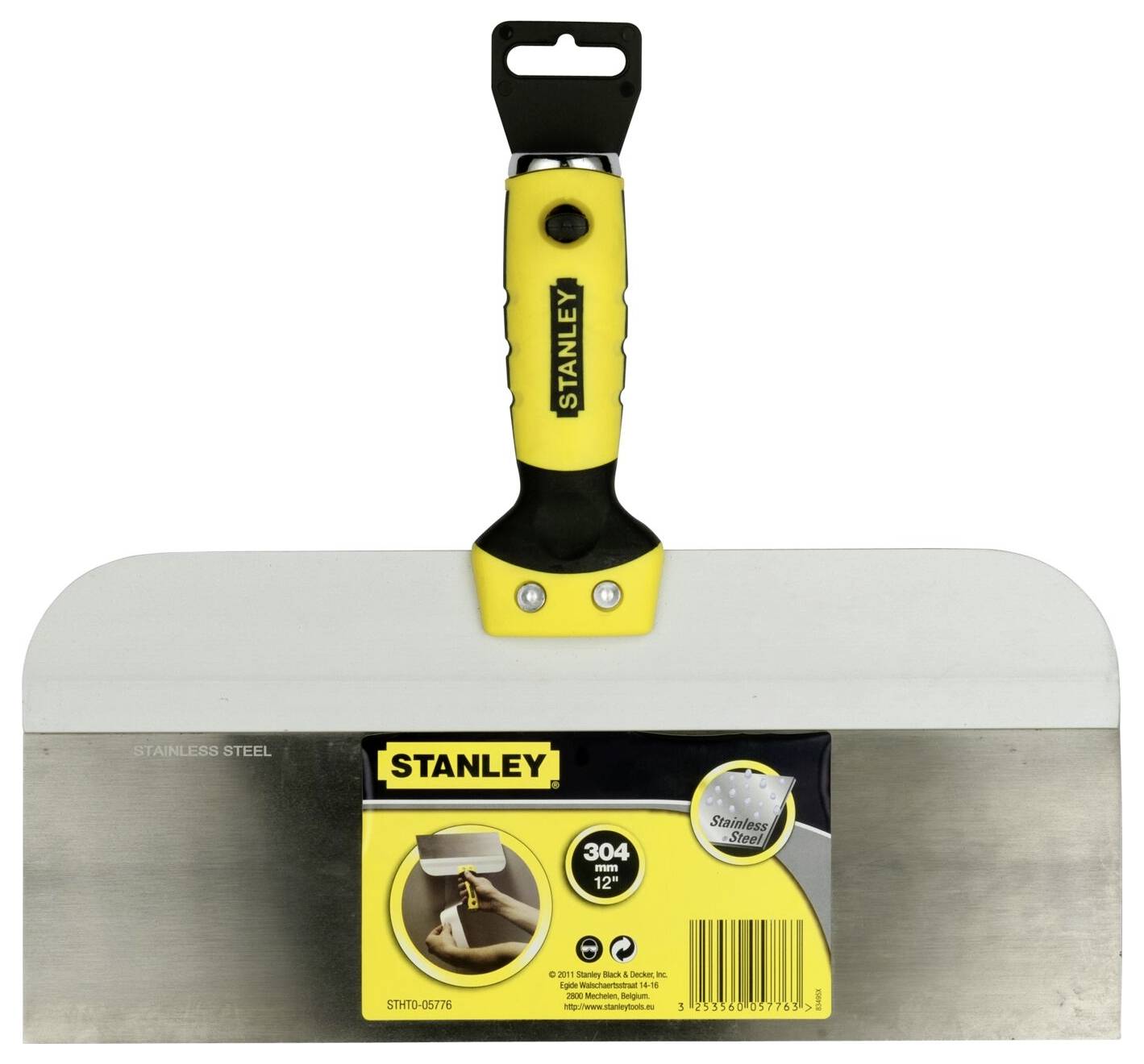 A wide trowel with a yellow handle by Stanley, made of stainless steel, suitable for smoothing large wall surfaces. Packaging label visible.