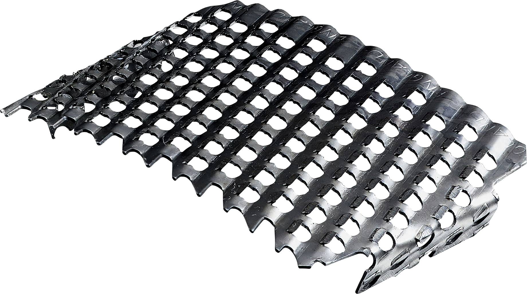 Metallic grid grating with rectangular openings, arched and glossy, likely for industrial or architectural applications.
