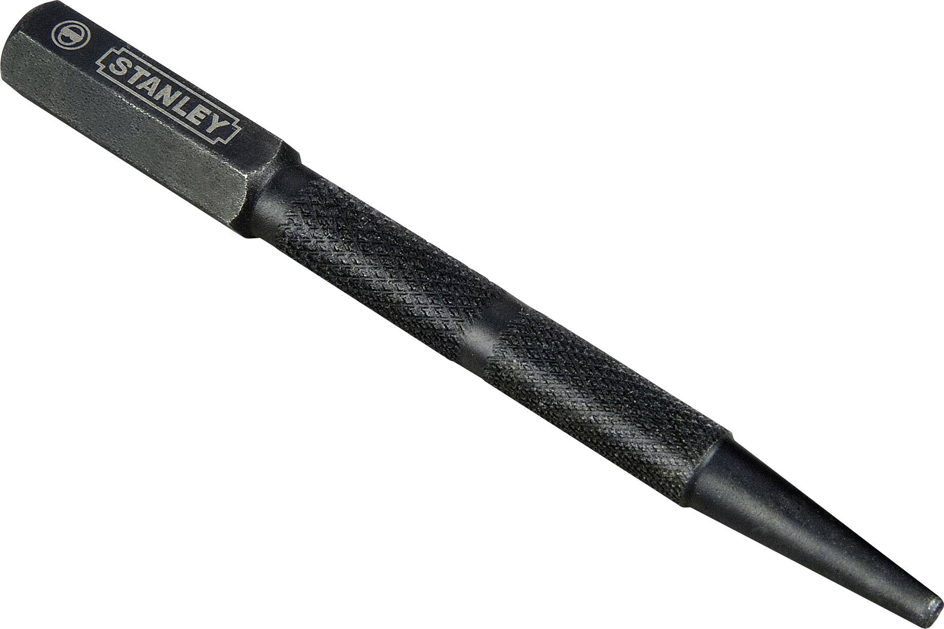 Metallic centre punch with a hexagonal shaft and a pointed tip, used for marking materials prior to drilling.