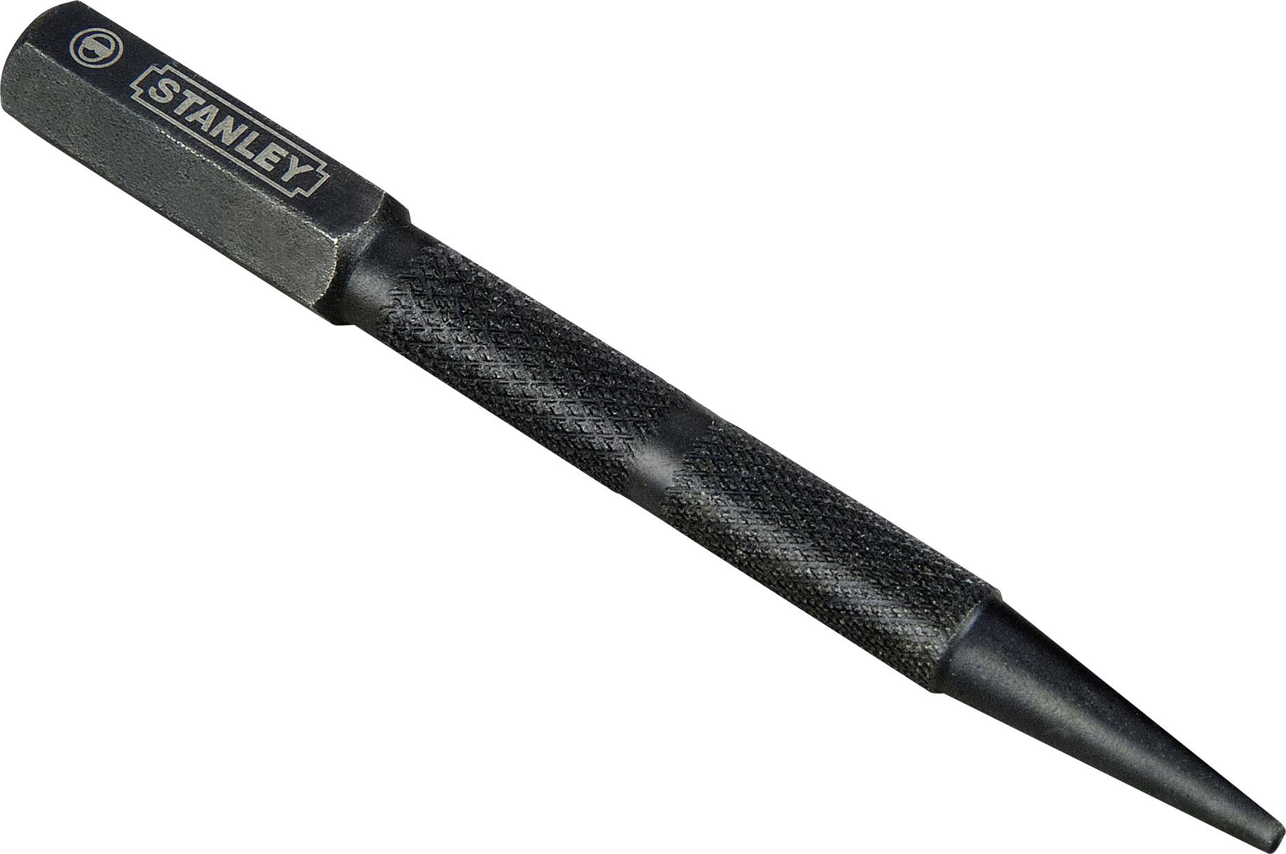 A black Stanley marker with a hexagonal handle and a sharp point, often used for marking on metal surfaces.Note: The translation is in British English, maintaining the original meaning and structure while using natural phrasing.