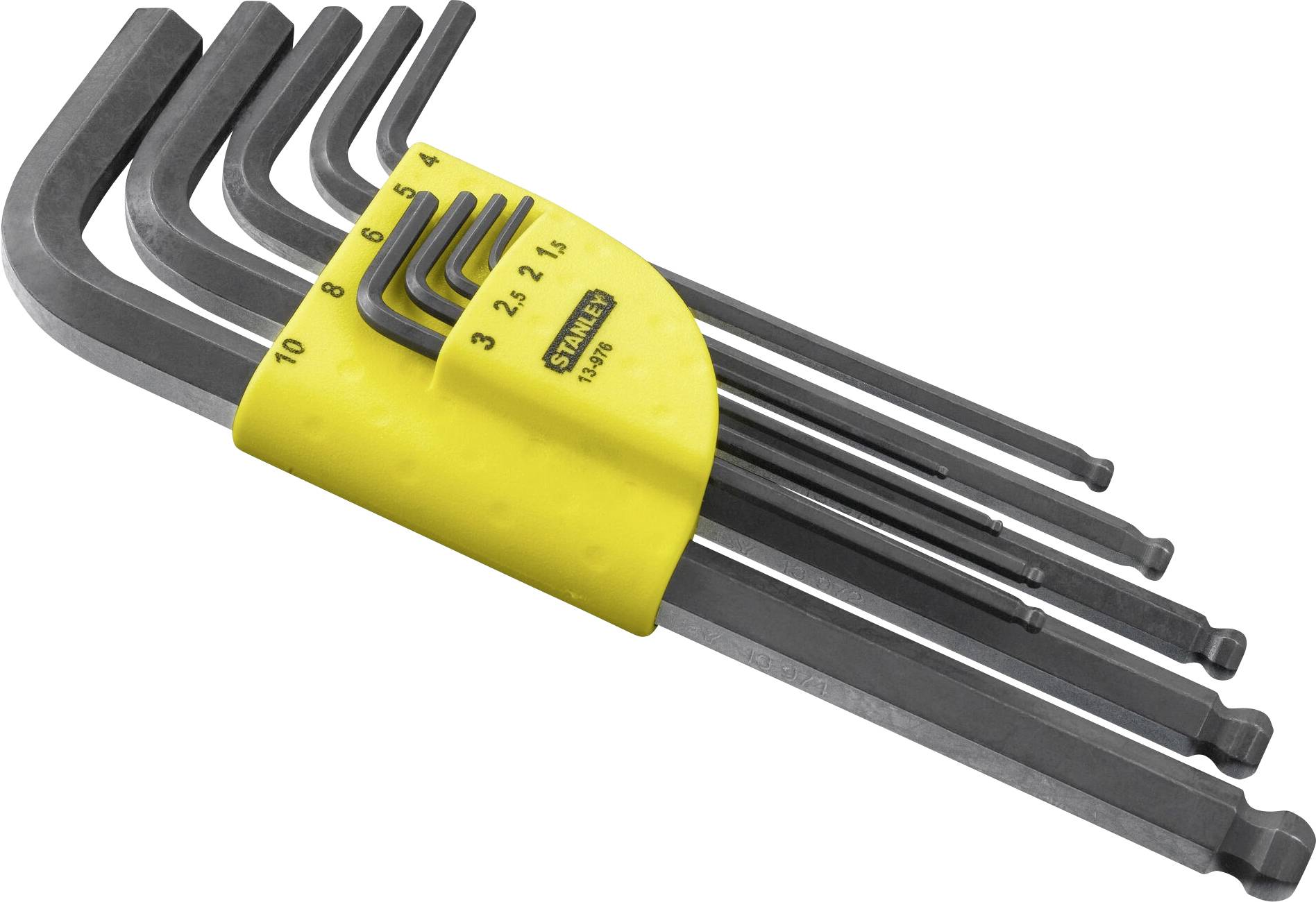 Set of nine Allen keys in various sizes, organised in a yellow holder.
