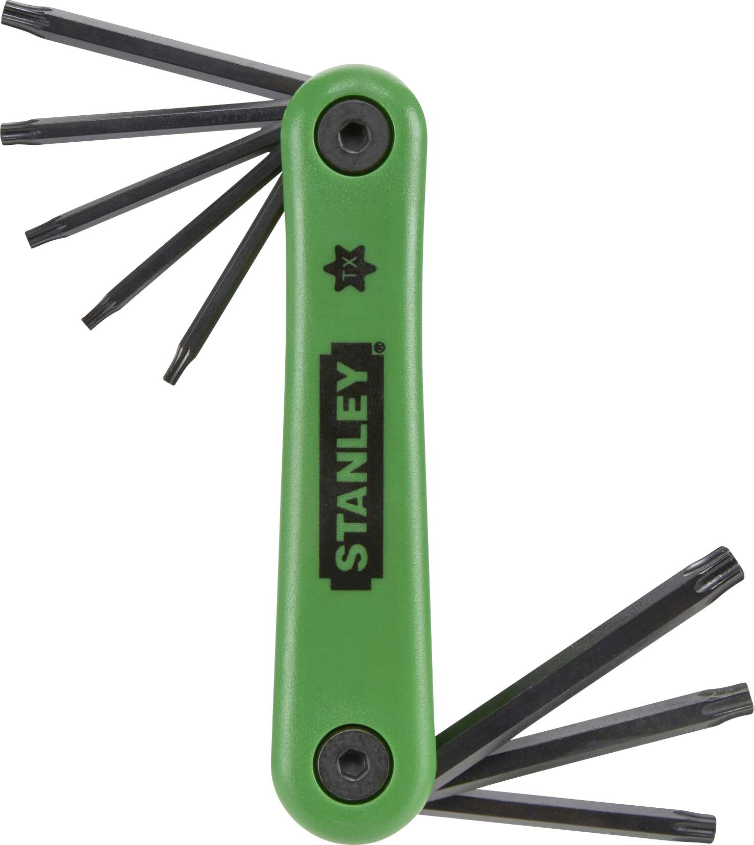 Multitool with a green handle and fold-out black tools of various sizes. Brand text 'Stanley'.