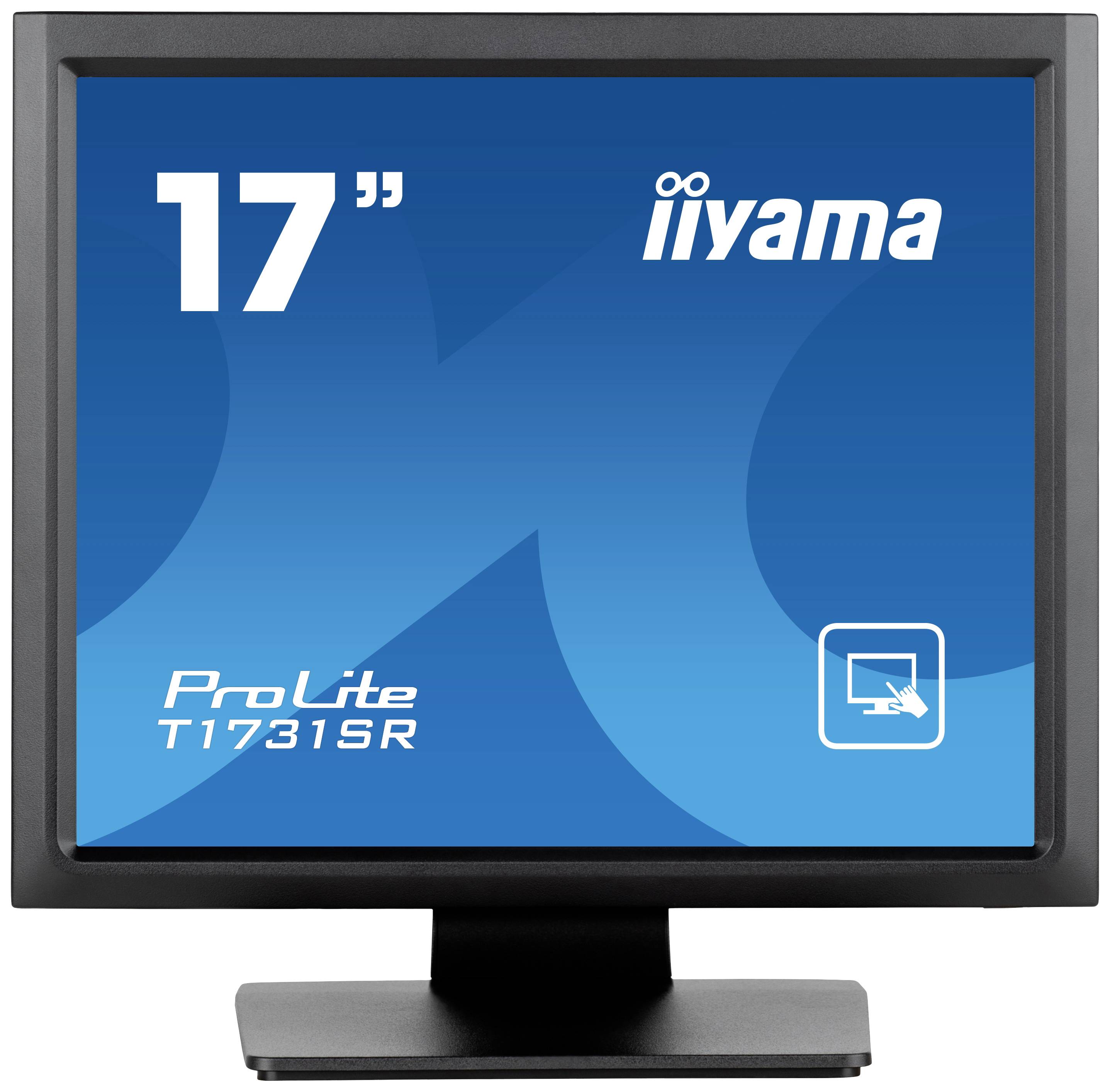 A 17-inch iiyama ProLite T1731SR monitor with a touchscreen icon on a blue background.