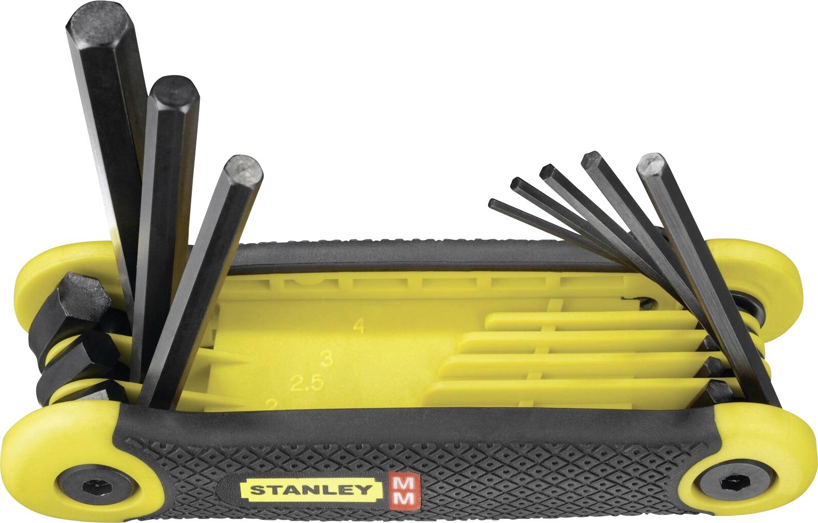 A yellow multi-functional tool with various spanners, compactly foldable, against a black background.