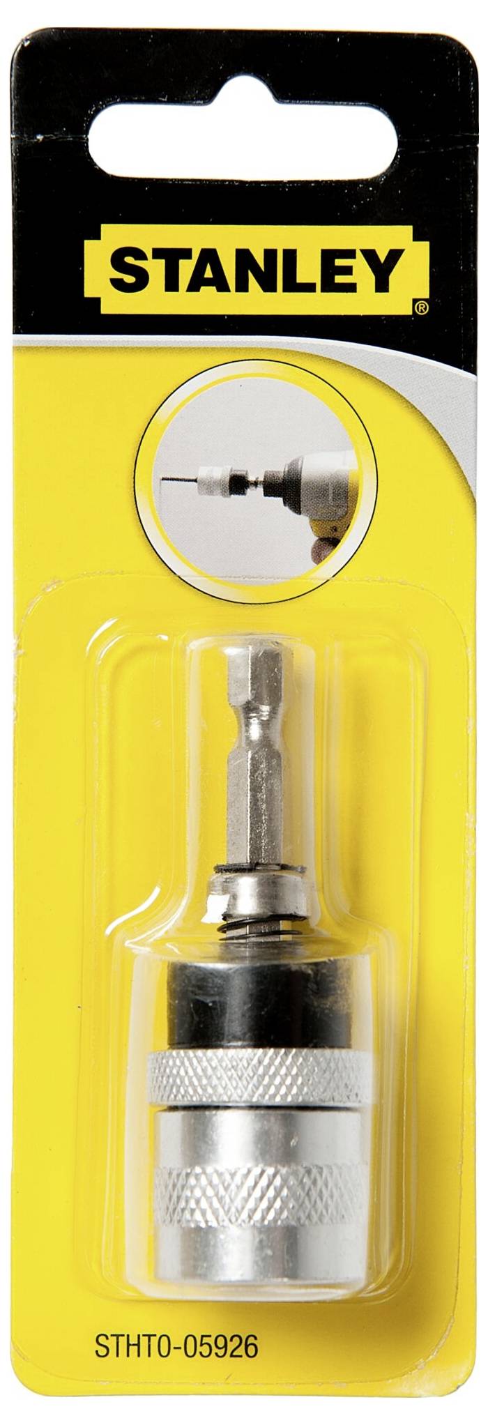 'STANLEY' screwdriver bit holder in yellow packaging with product illustration; Article number STHO-05926.