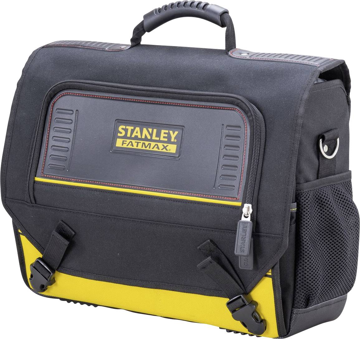 Black tool bag with handle and yellow lower section, brand name 'STANLEY FATMAX' visible on the front.