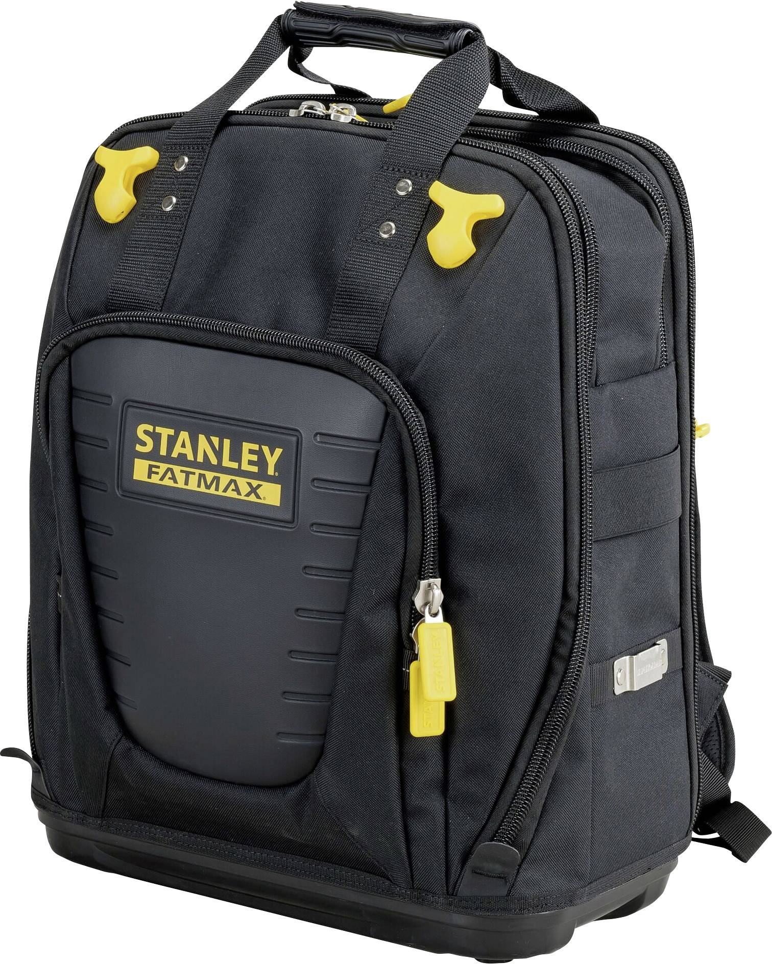 Black Stanley Fatmax Tool Rucksack with yellow accents and multiple compartments for tools.