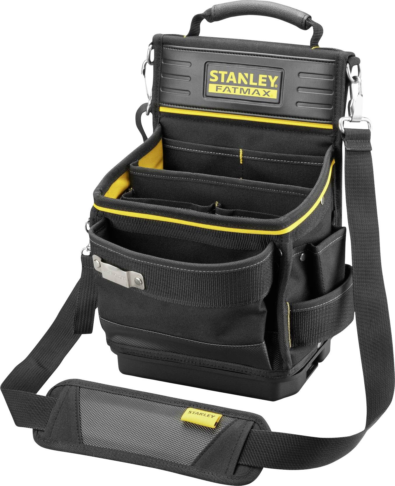 A black Stanley FatMax tool bag with a yellow trim, multiple compartments, and a shoulder strap for tools.
