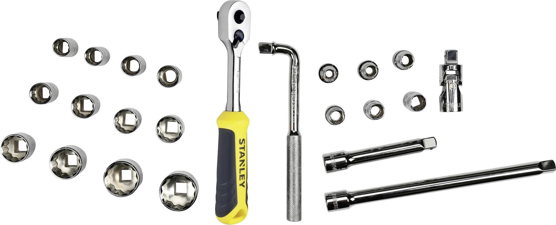 A set of socket spanners with a ratchet, extensions and various nuts. Tool for automotive repair or DIY projects.