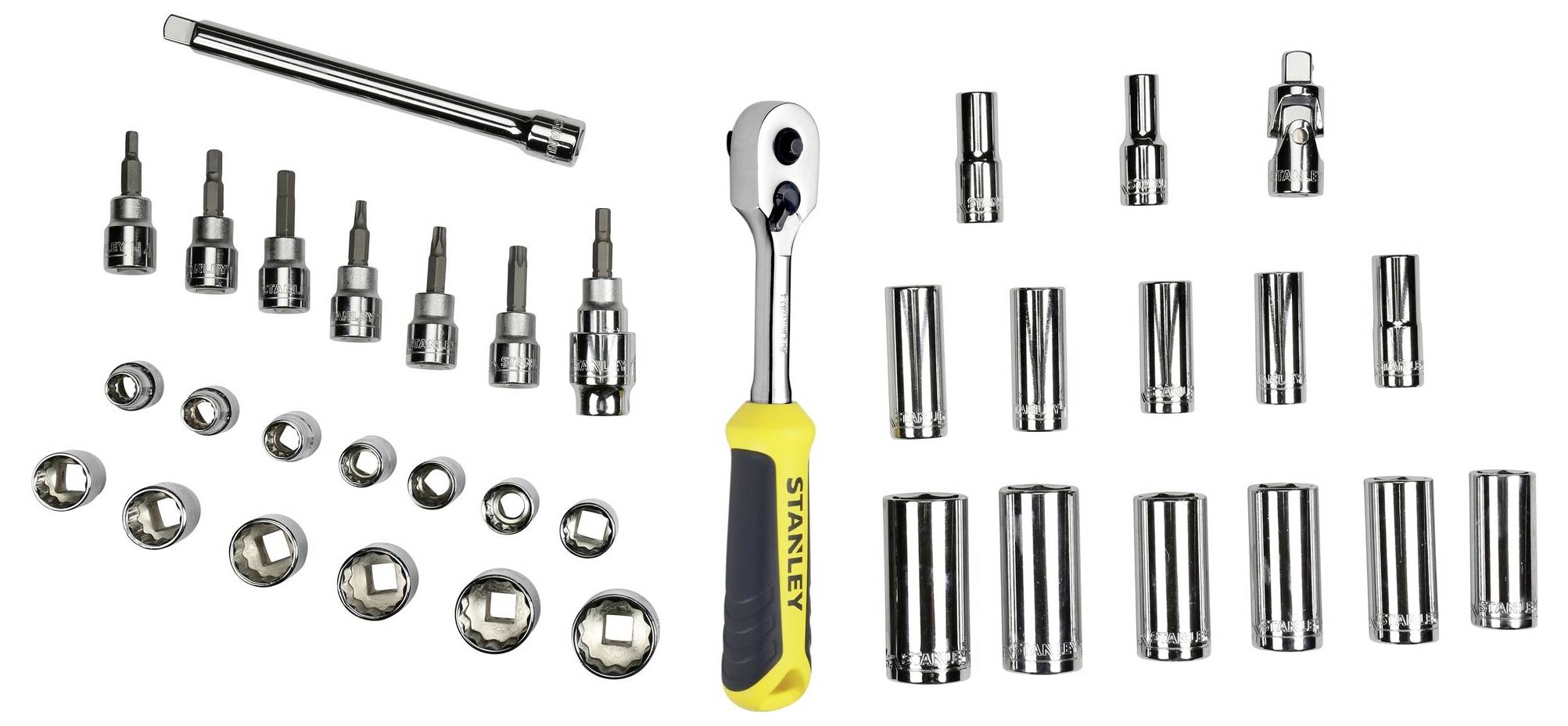Ratchet socket set with various socket sizes, suitable for different screw dimensions.