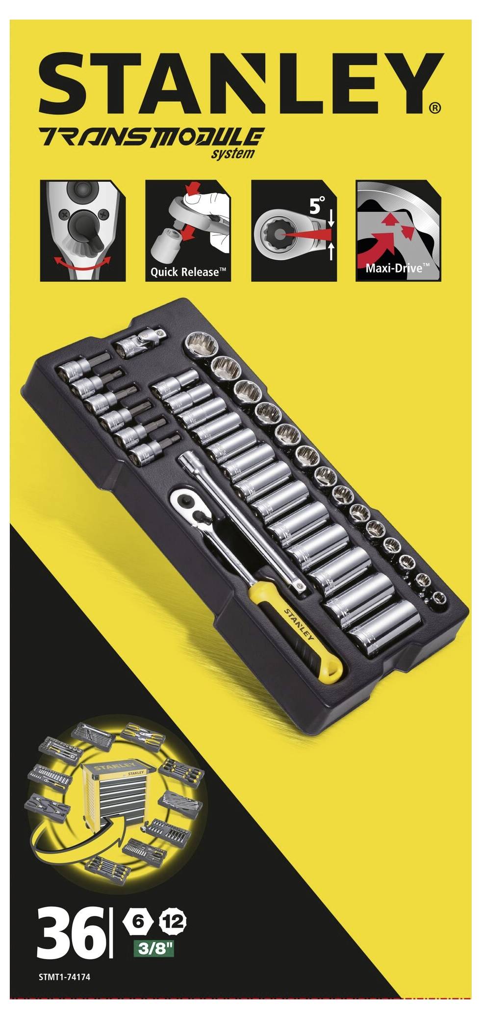'STANLEY Transmodule System' Socket Wrench Set with 36 Pieces, Quick-Release Function, Maxi-Drive Technology, Size: 3/8 inch.