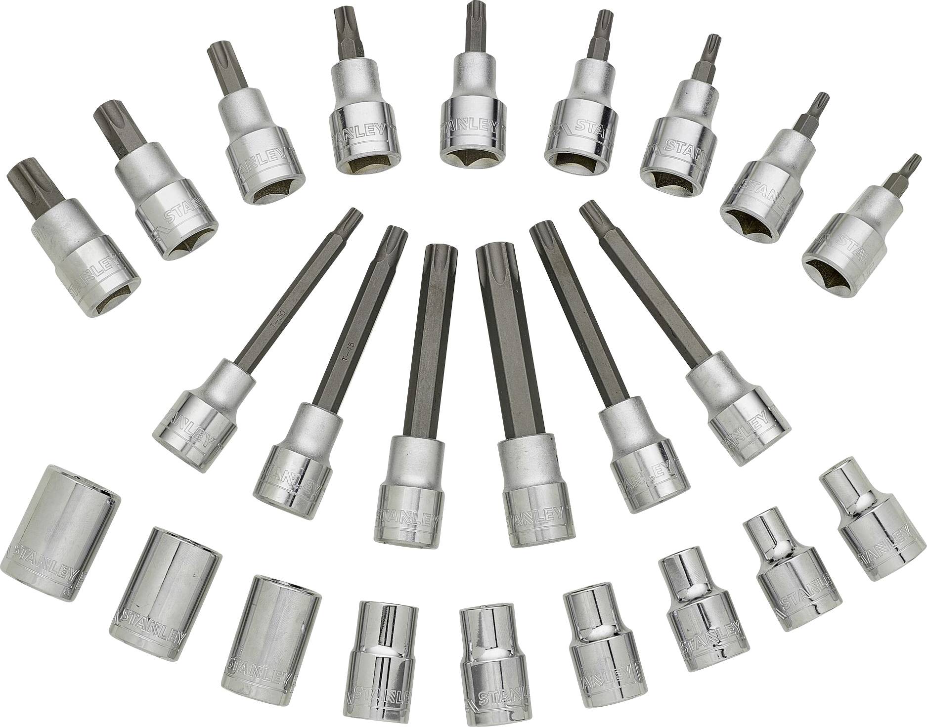 A set of various sockets and bits, arranged in a fan-shaped configuration. Different sizes and shapes are visible.