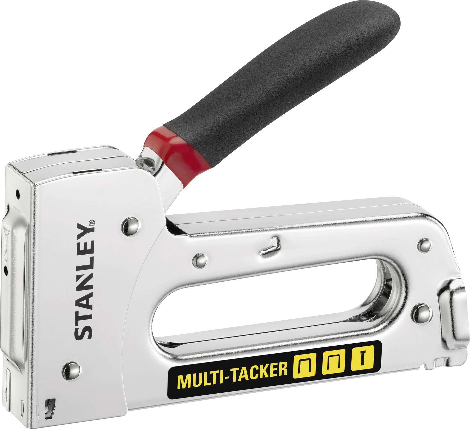 Silver Stanley stapler suitable for staples and nails, with a black handle and yellow 'Multi-Tacker' label.