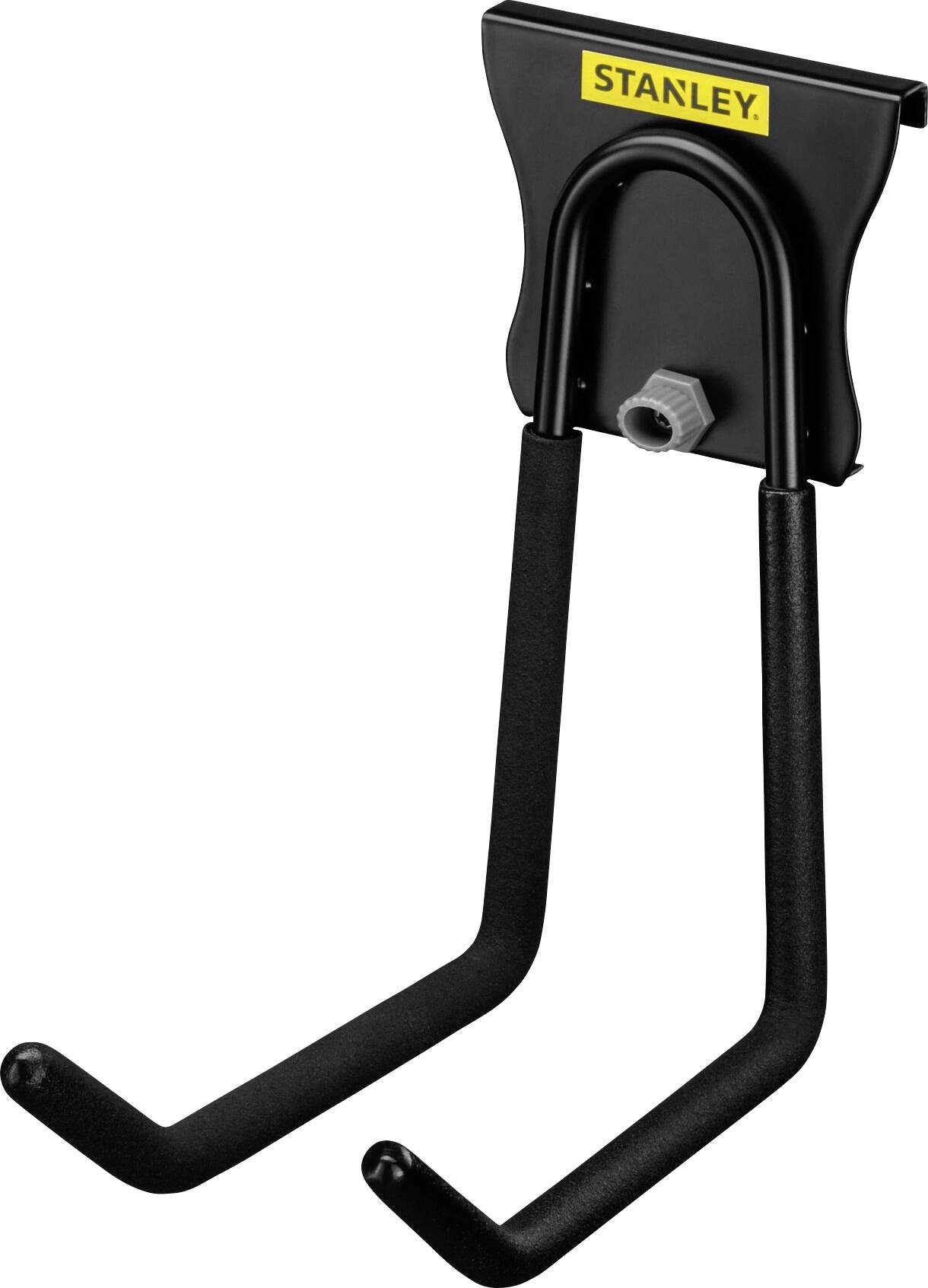 Stanley tool holder, robust design, two hooks, suitable for wall mounting.