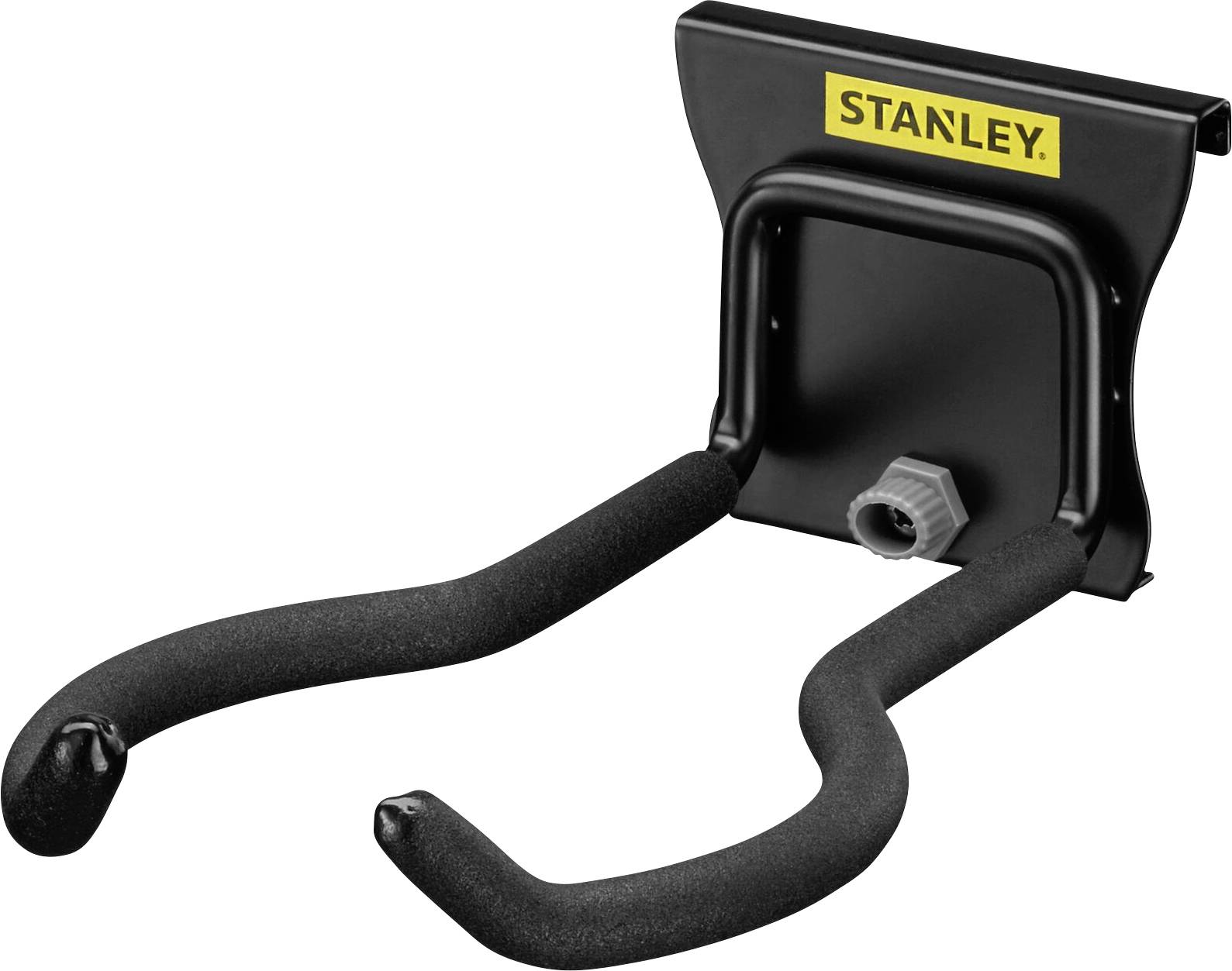 Black Stanley wall-mounted holder with two curved arms for hanging bicycles or tools.