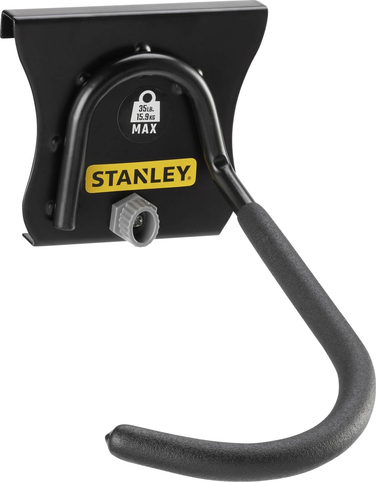 Black Stanley wall hook for mounting, suitable for up to 15.9 kg, ideal for storing tools or garden equipment.