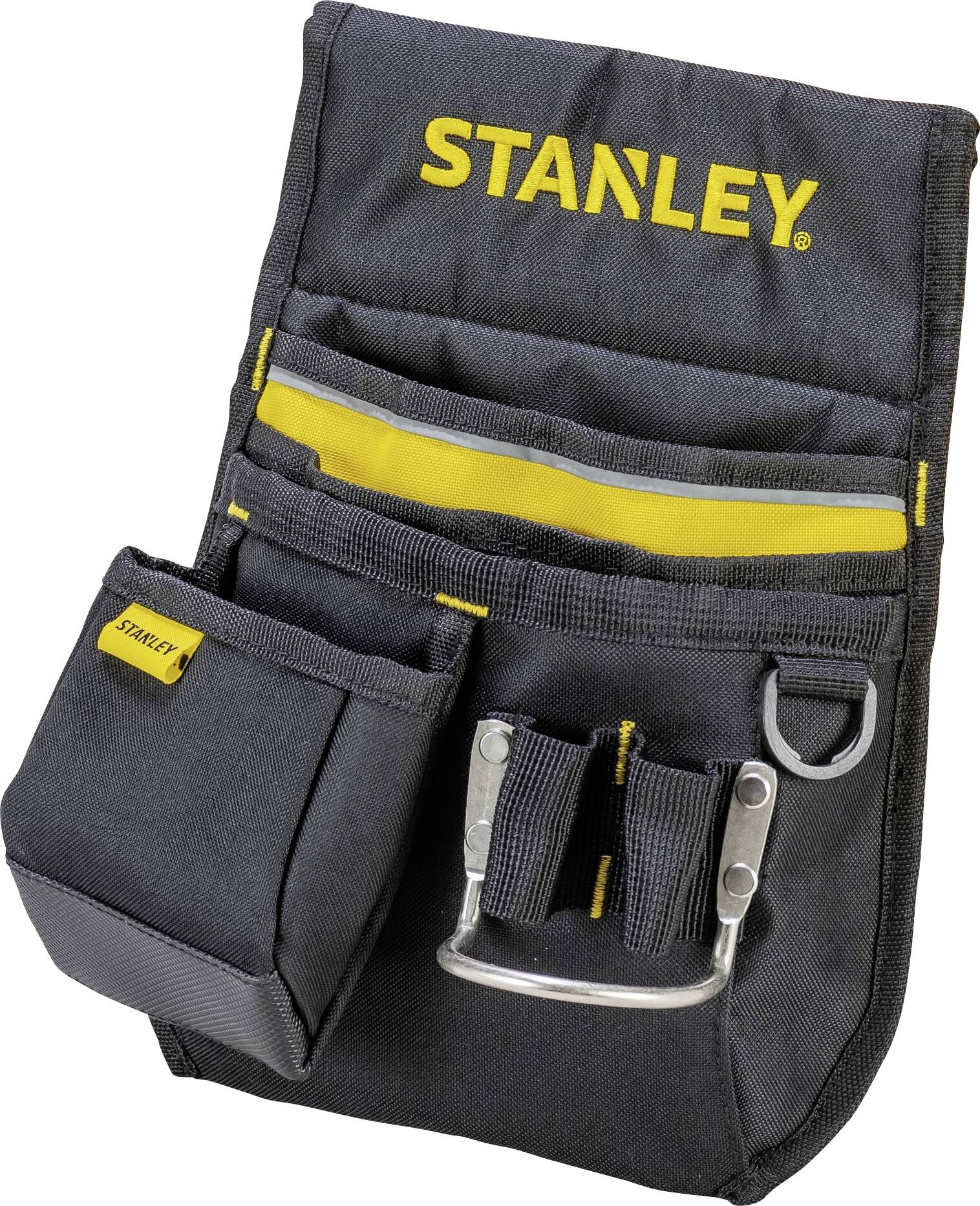 A black tool bag with a yellow 'Stanley' logo, featuring multiple compartments and holders, known as a finishing nail bag.