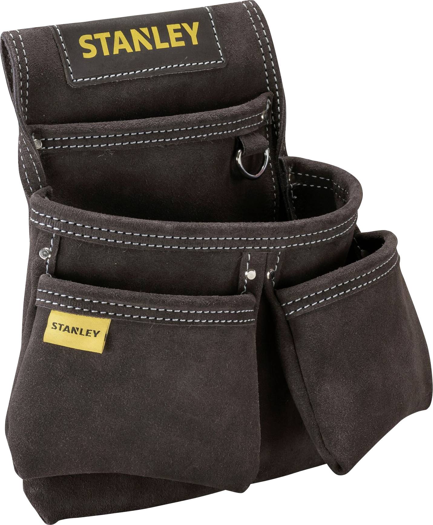 A black tool bag with multiple compartments, featuring 'Stanley' written in yellow lettering. Ideal for storing tools.