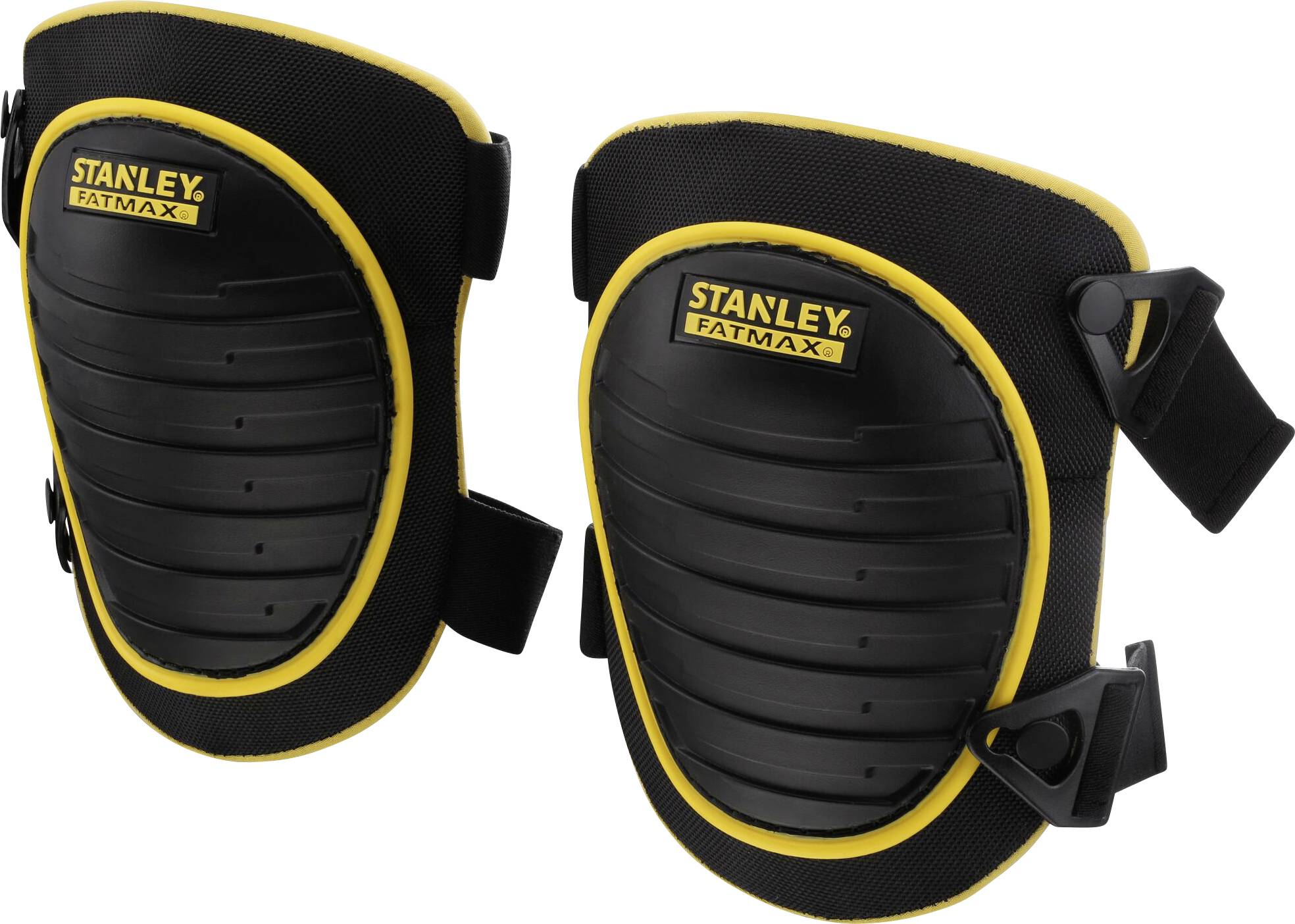 Black knee pads with a yellow border and flexible straps for secure fit, marked with 'Stanley Fatmax'.