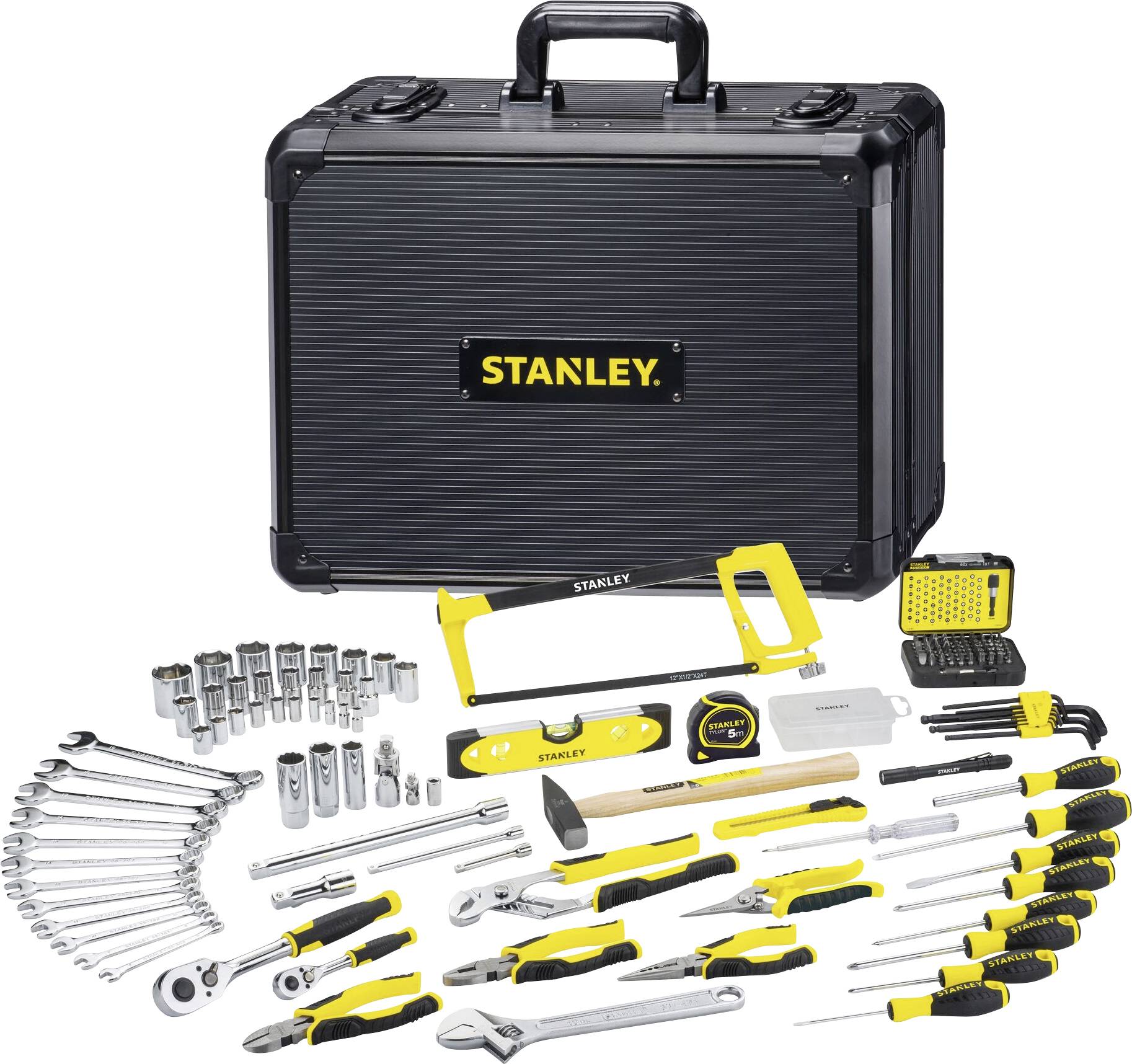 A tool case with various tools such as spanners, screwdrivers, a saw and a measuring tape, set up for display.