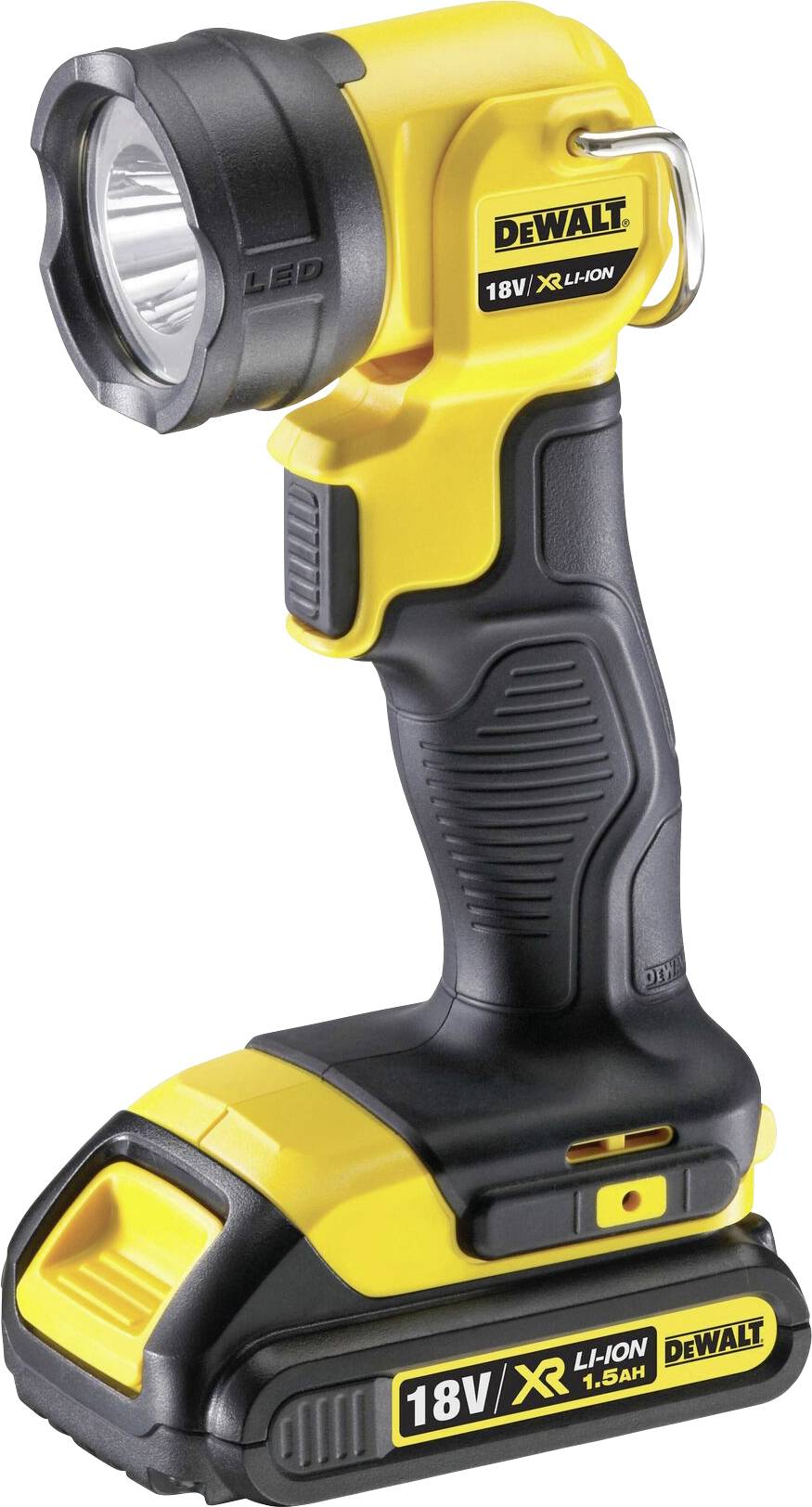 A yellow and black LED torch with an 18V lithium-ion battery, brand 'DEWALT'. Positioned upright with an ergonomic handle.