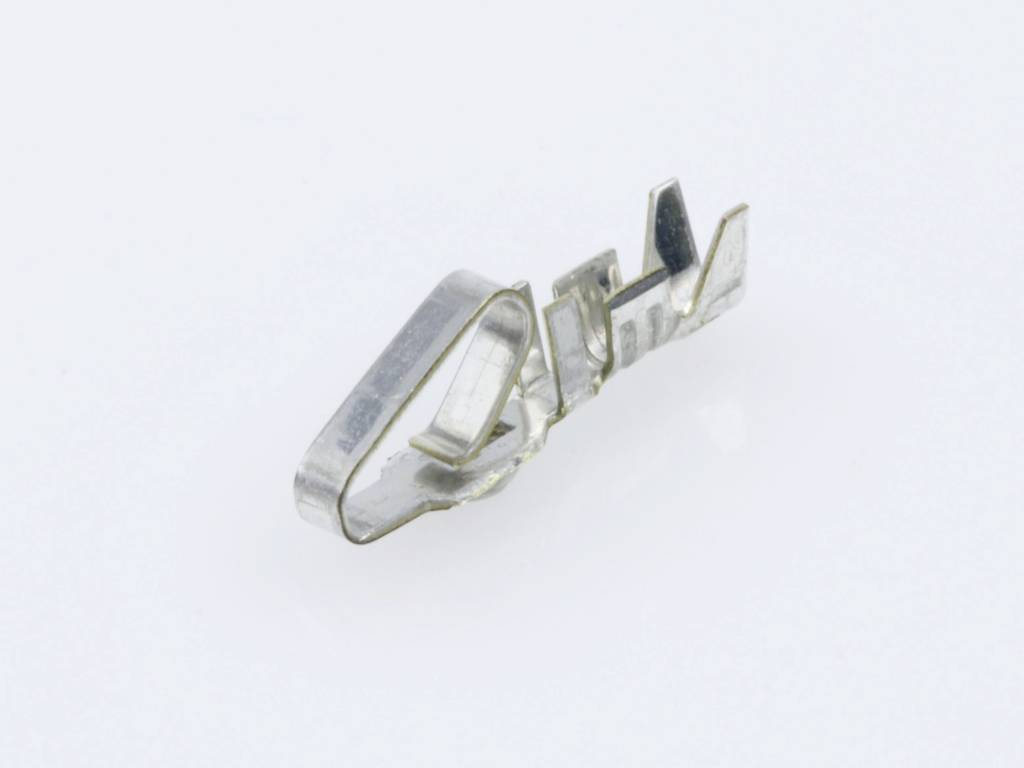 A silvery, metallic component with curved and flat elements on a white background.